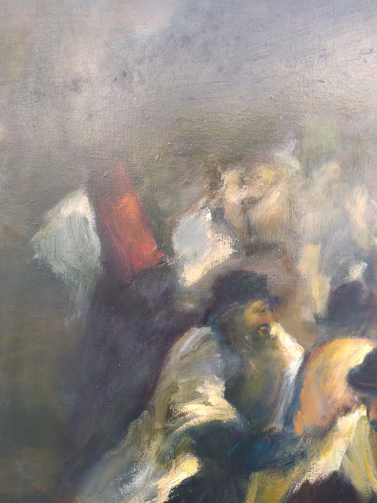 A dynamic oil painting of a group of figures in motion, rendered with loose brushwork and dramatic lighting.