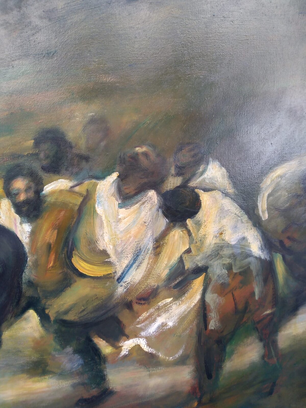 A dynamic oil painting of a group of figures in motion, rendered with loose brushwork and dramatic lighting.