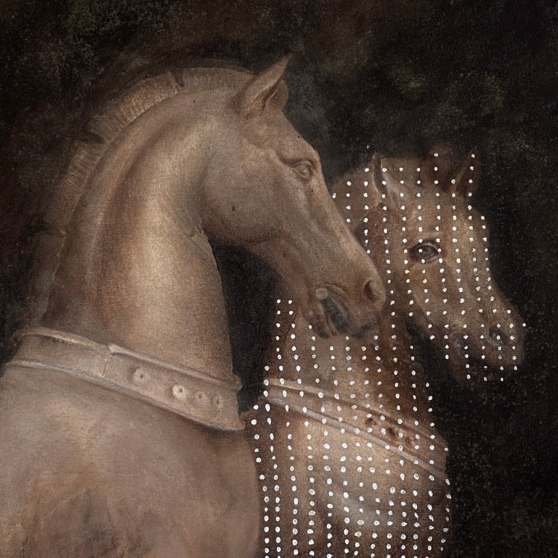 A surreal composition featuring a solid horse and a dotted, ghostly horse.