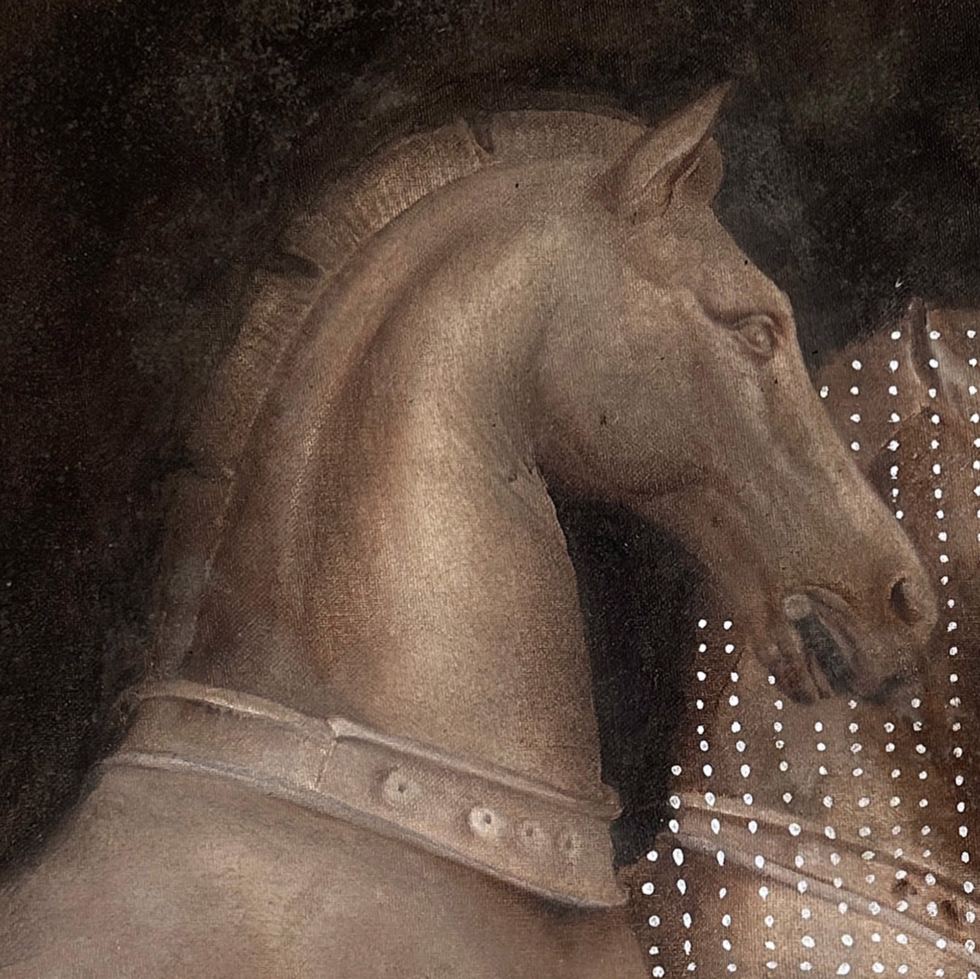 A surreal composition featuring a solid horse and a dotted, ghostly horse.
