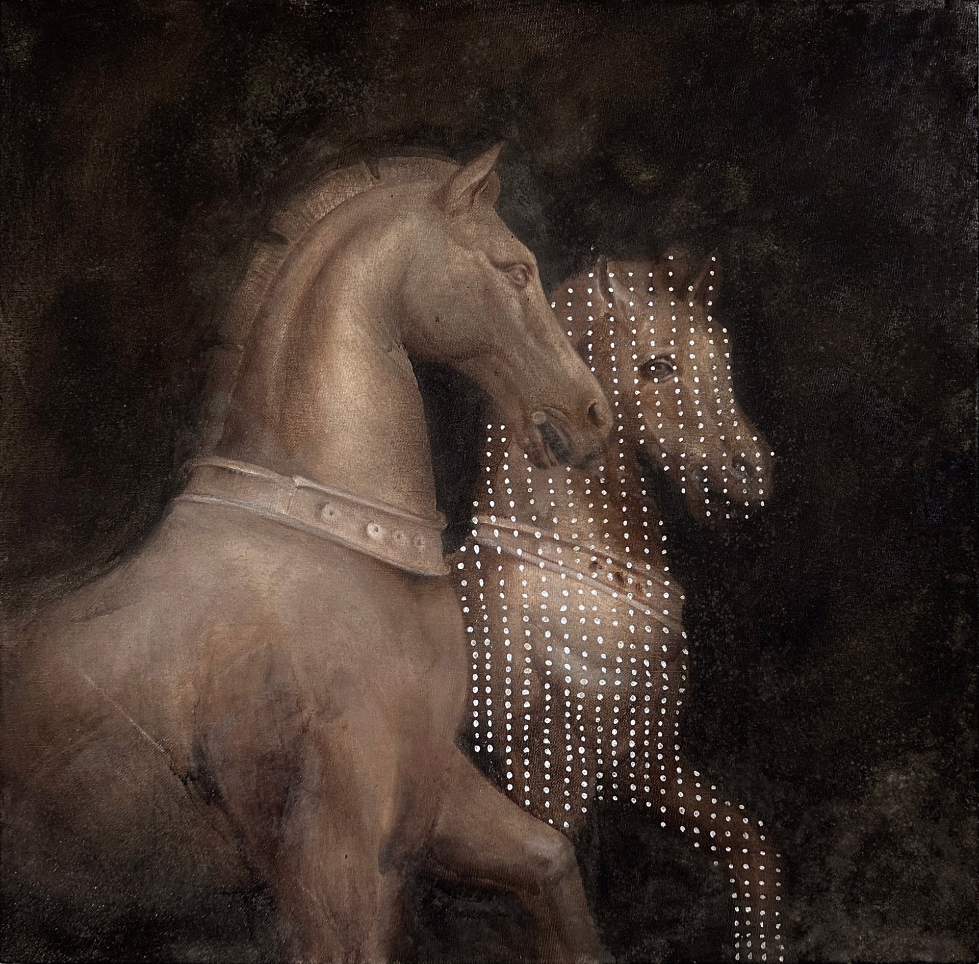 A surreal composition featuring a solid horse and a dotted, ghostly horse.