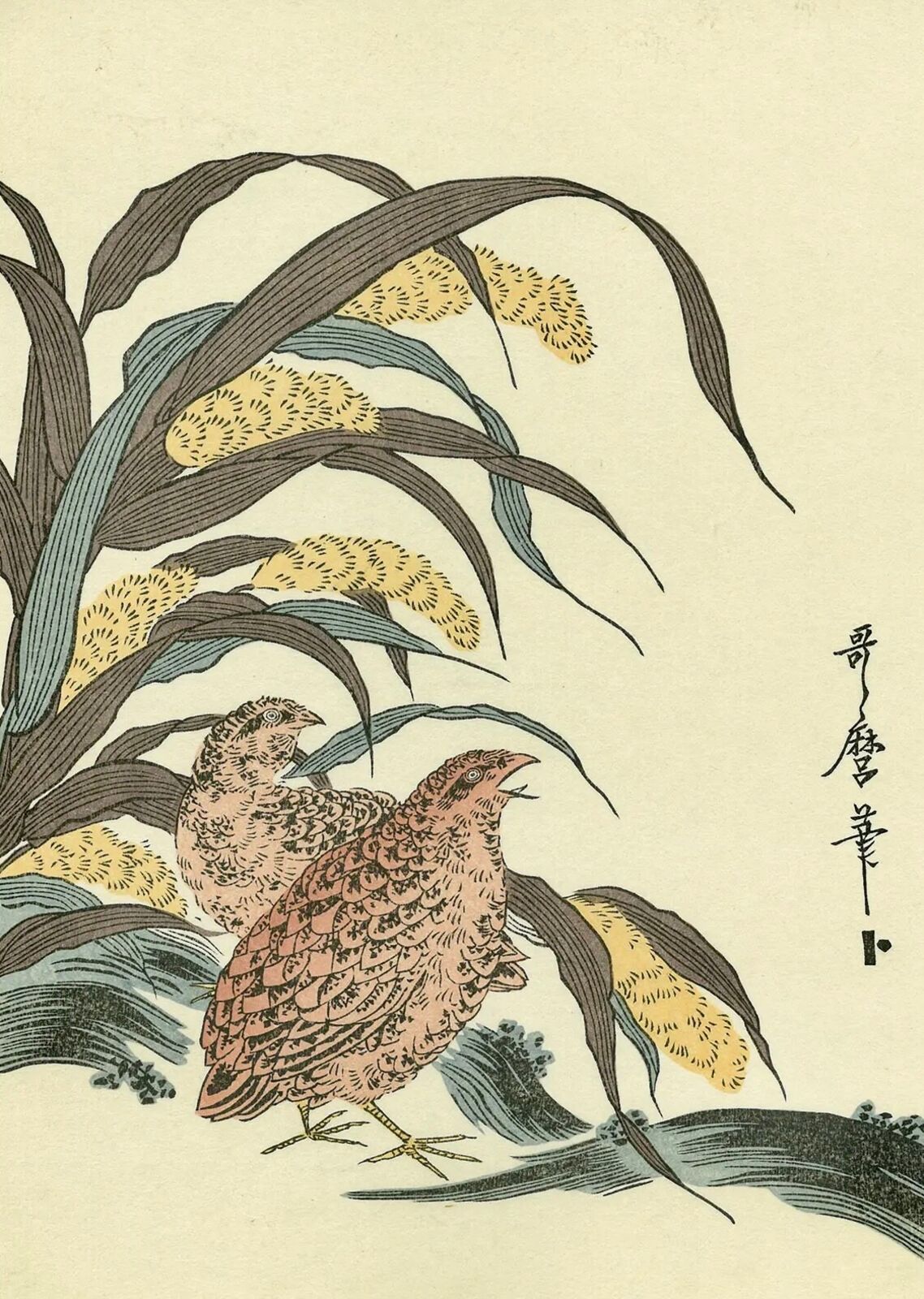 A painting of two birds sitting on top of a tree branch.