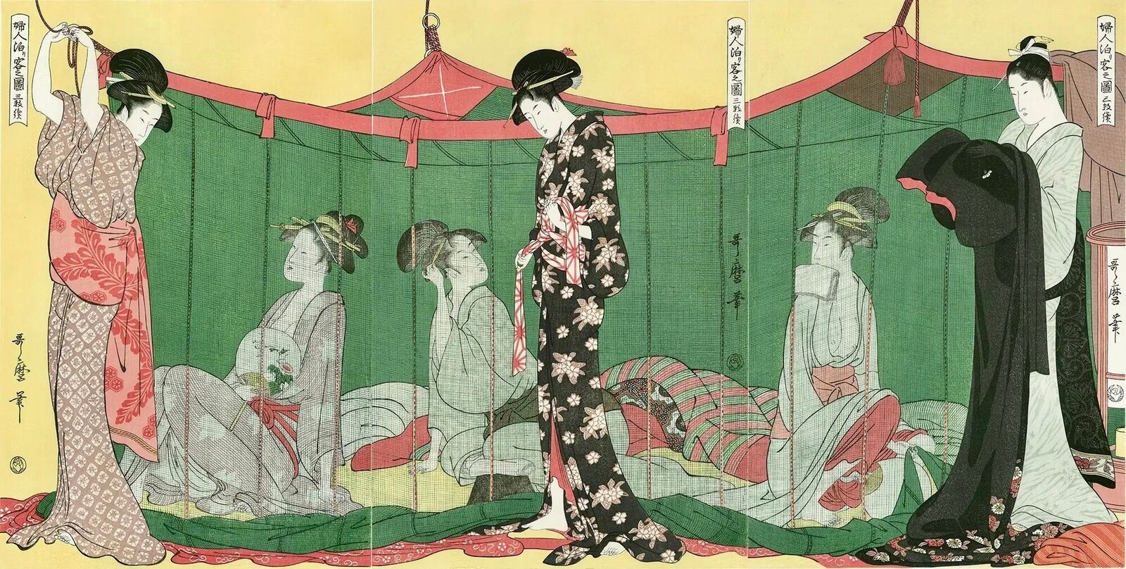A group of women in kimonos are gathered around a tent.