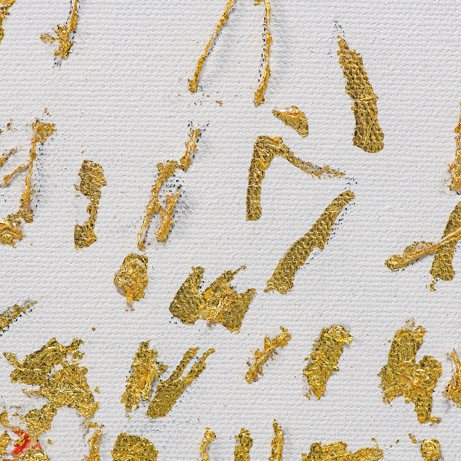 A textured canvas artwork featuring scattered gold leaf fragments and a dense cluster of vertical strokes at the bottom.