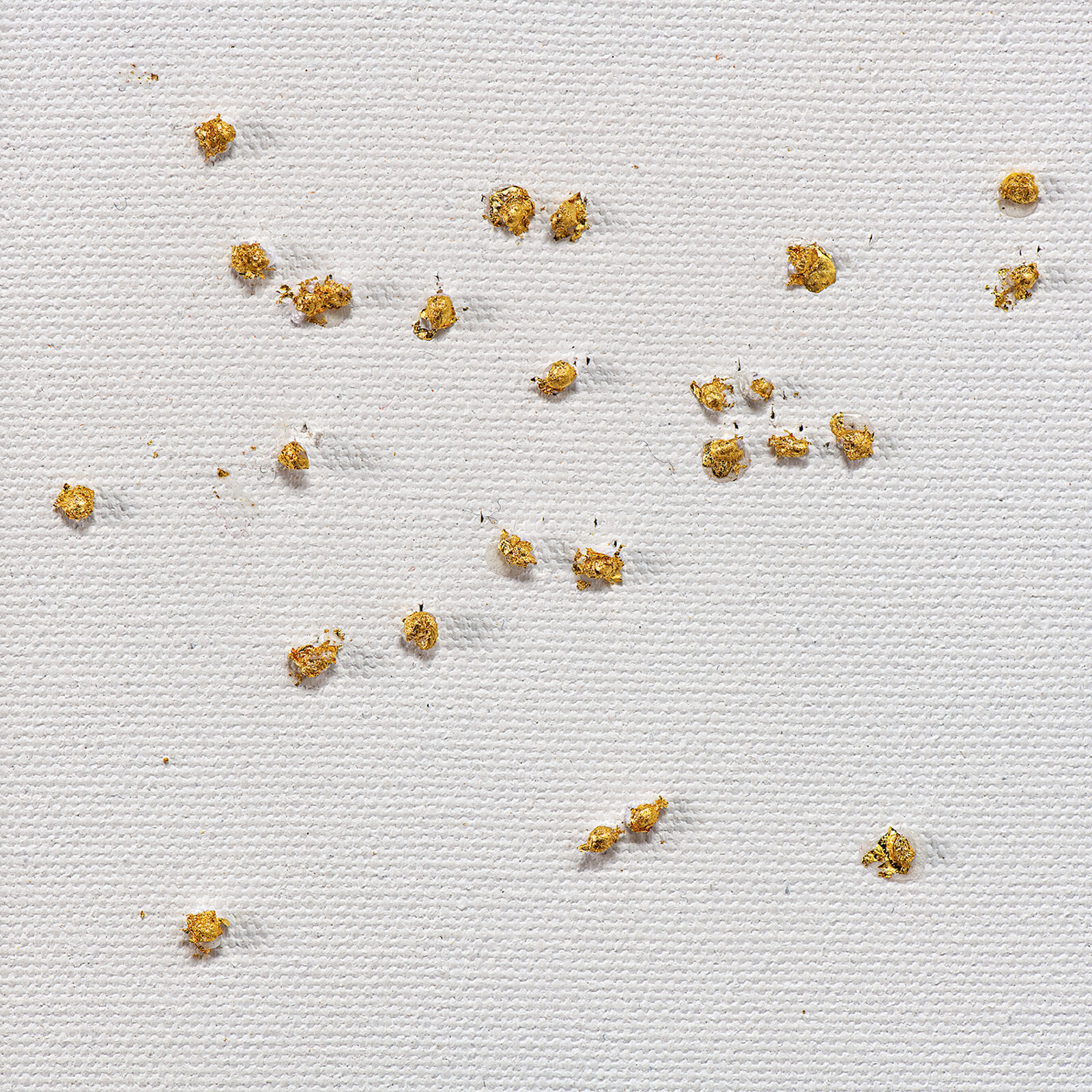 A textured canvas artwork featuring scattered gold leaf fragments and a dense cluster of vertical strokes at the bottom.