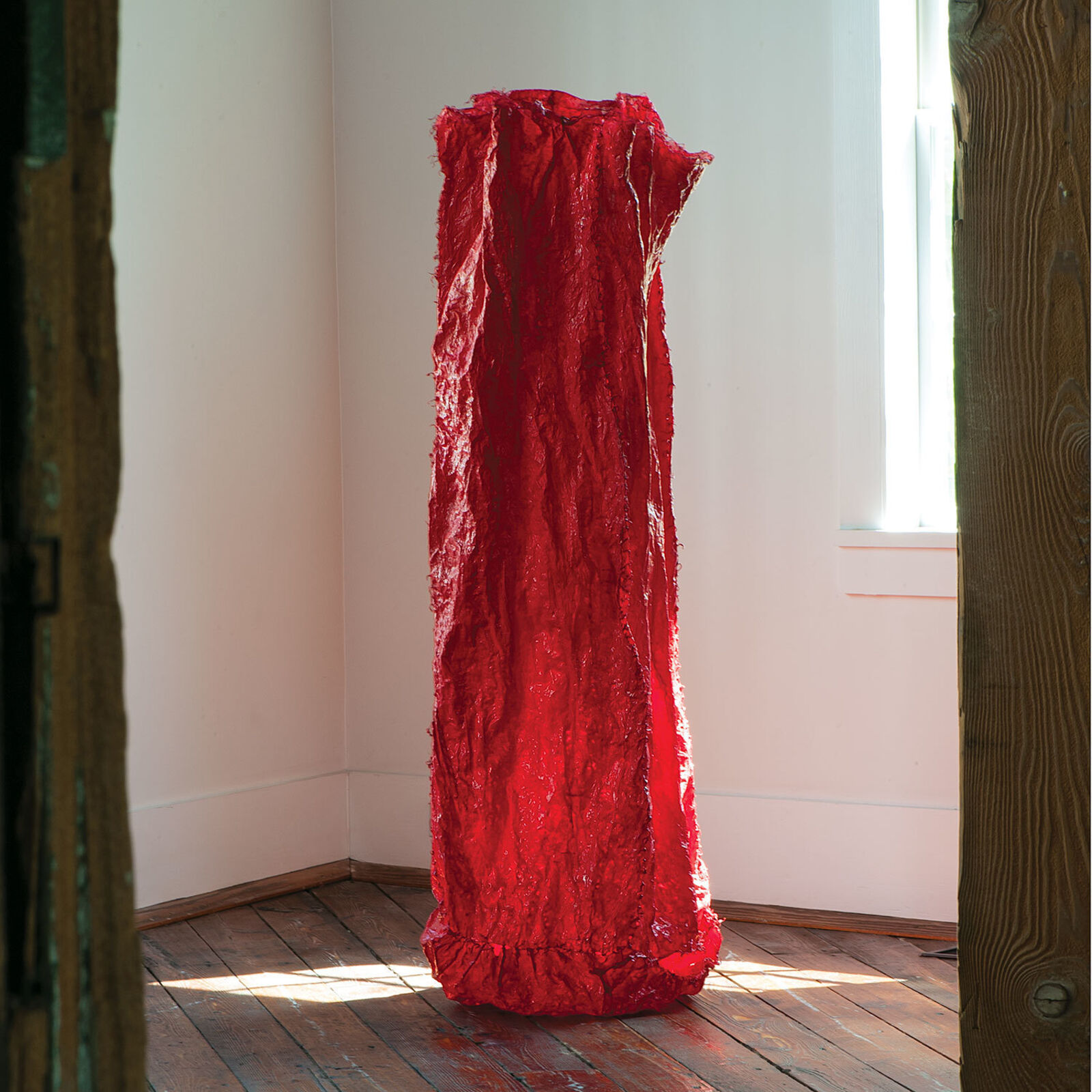 A red dress hanging on a wall in a room.
