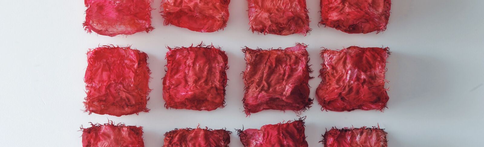 A grid of twenty red, crumpled fabric squares arranged in a neat pattern against a plain background.