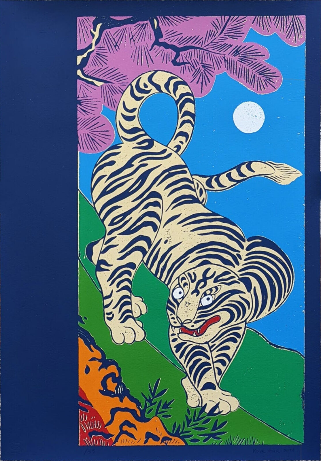 A painting of a white tiger jumping in the air.