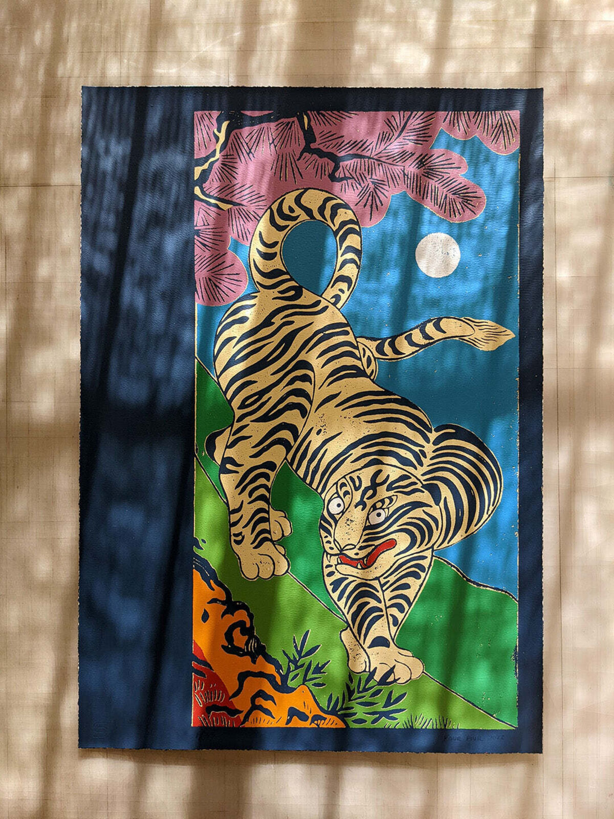 A painting of a white tiger jumping in the air.