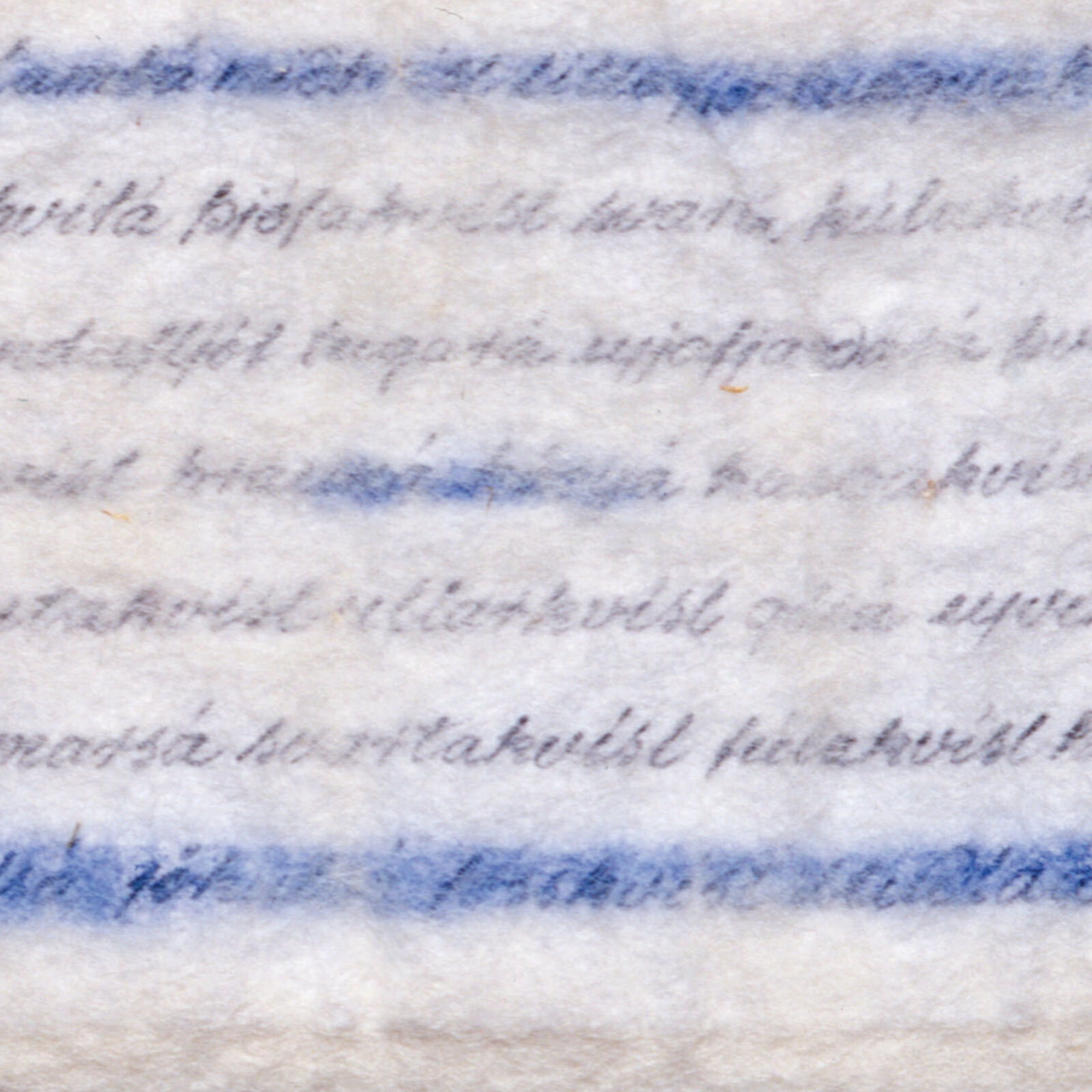 A minimalist textile artwork featuring blue and black script on a cream-colored felt, mounted on light wood.