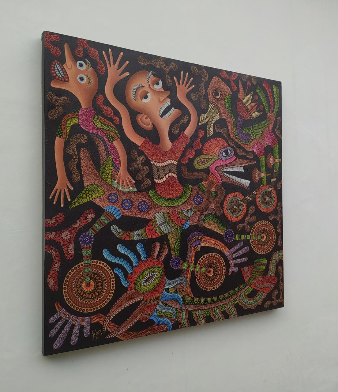 A vibrant, dot-painted artwork featuring a central figure surrounded by mythical creatures and abstract symbols.