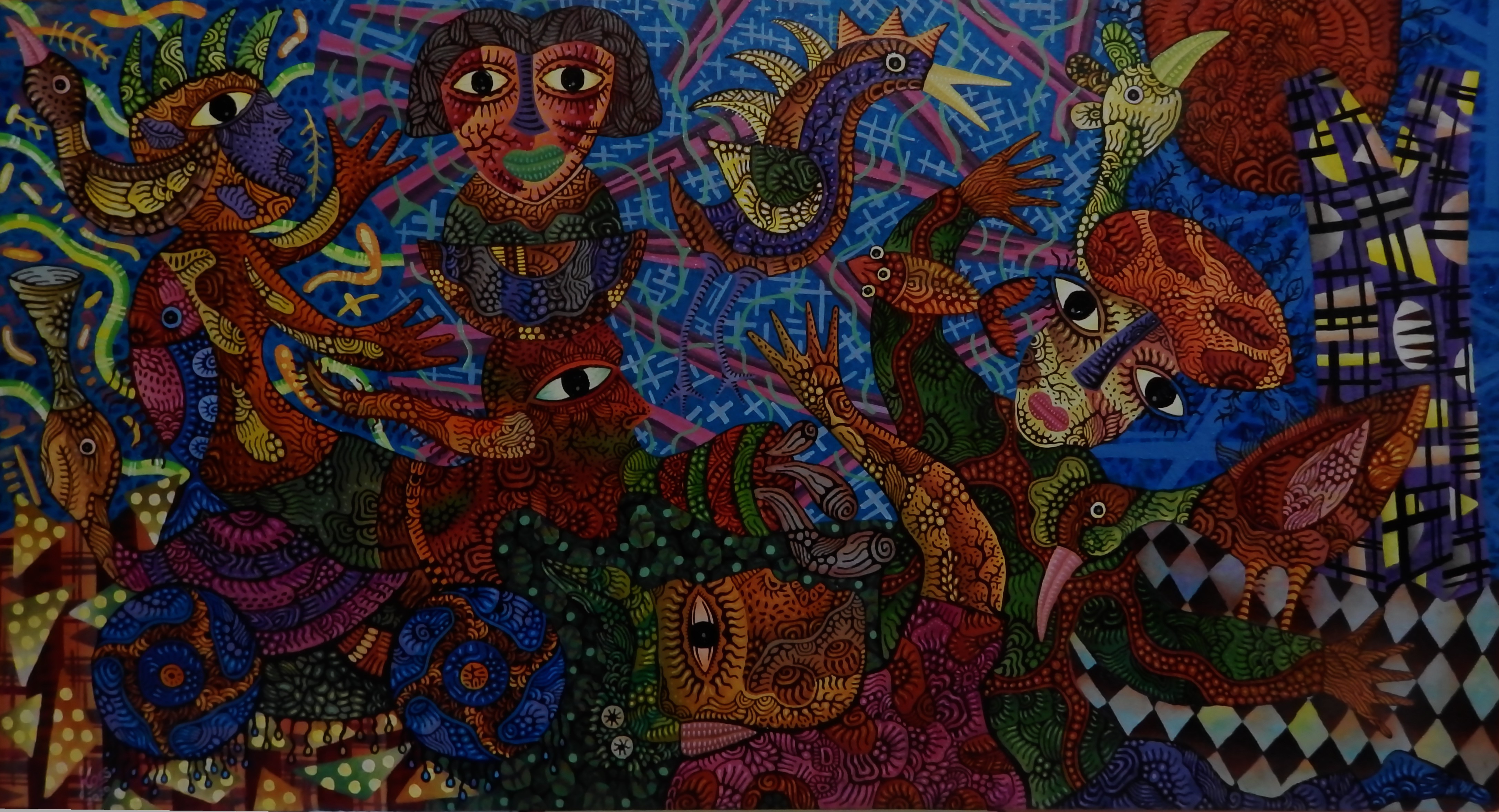 A vibrant, chaotic tapestry of stylized figures and creatures in a dense, colorful composition.