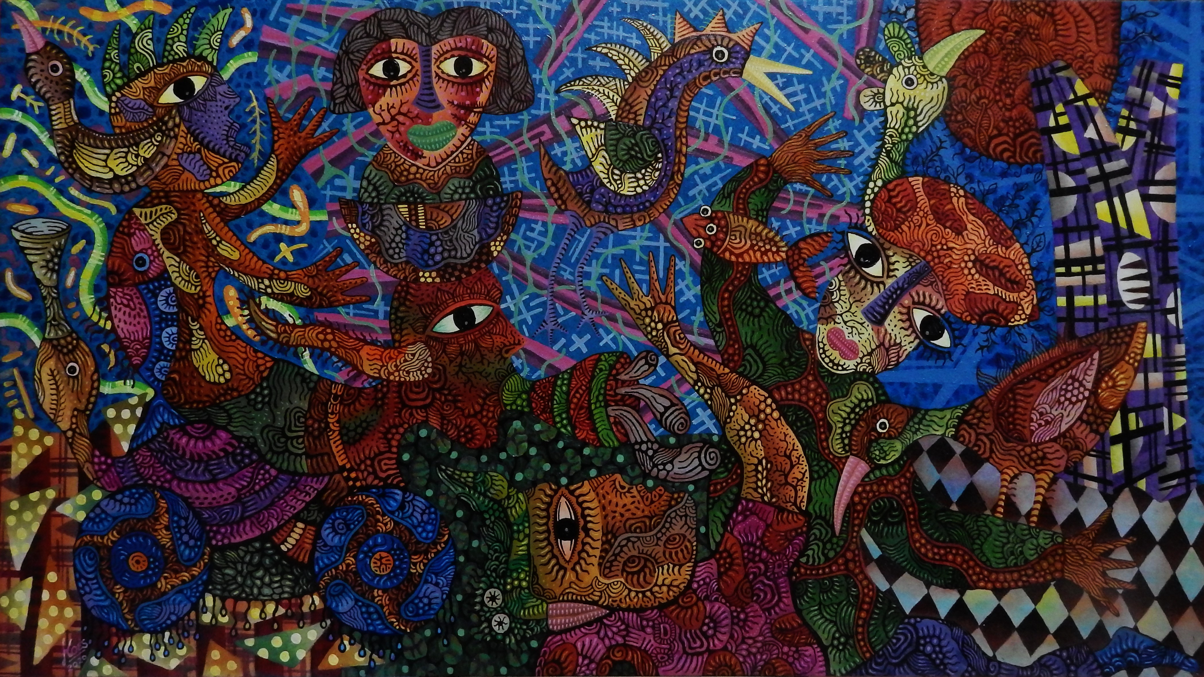 A vibrant, chaotic tapestry of stylized figures and creatures in a dense, colorful composition.
