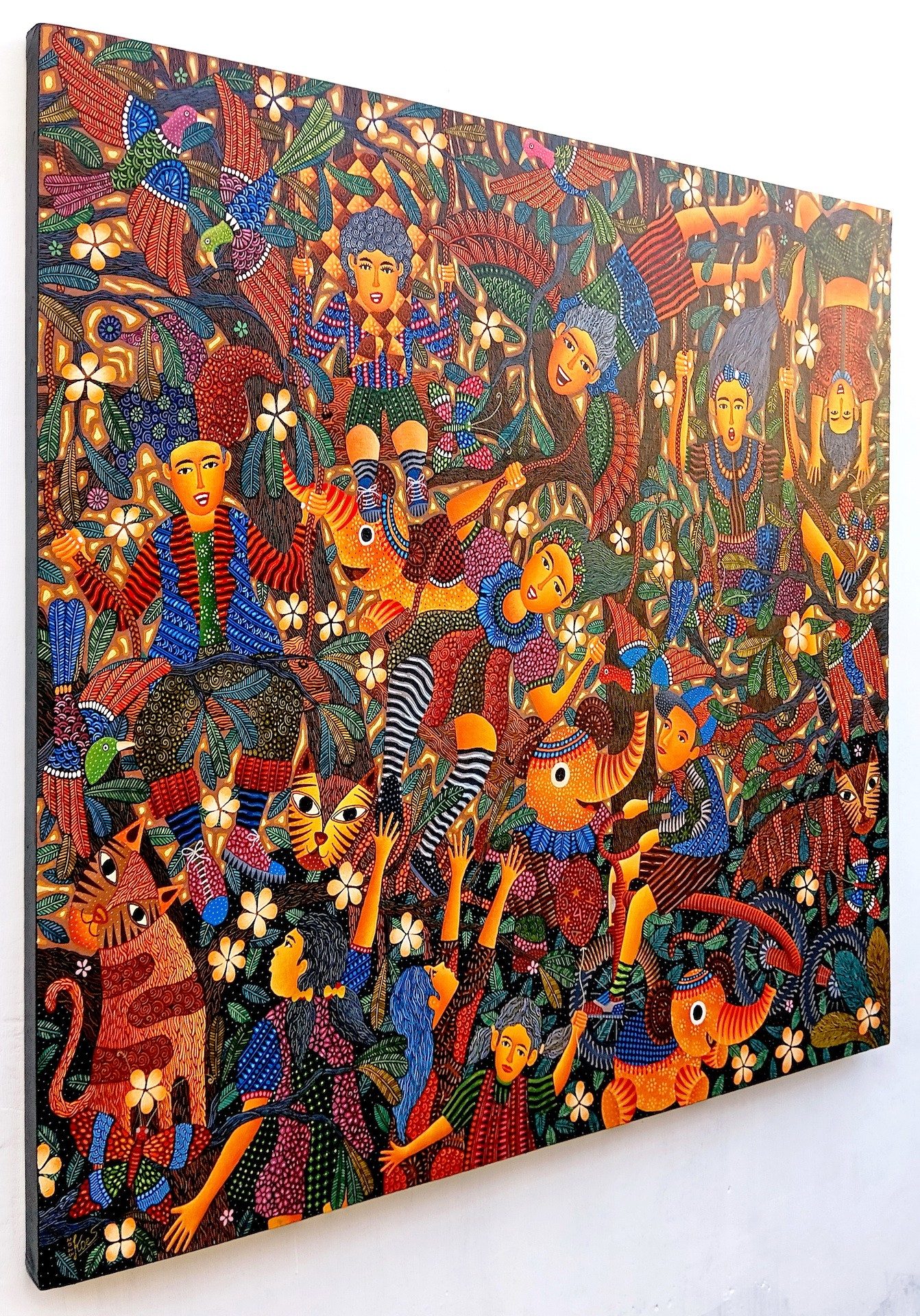 A painting on a wall in a room with a white wall.