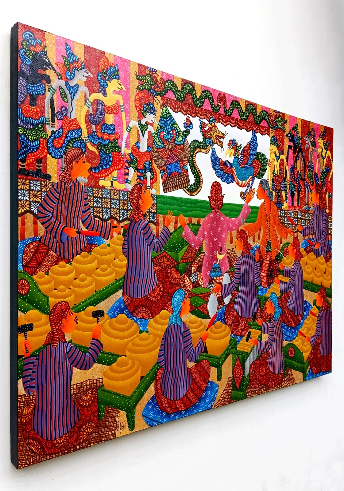 A vibrant, stylized scene of figures in colorful striped robes sharing a feast under a decorative canopy.