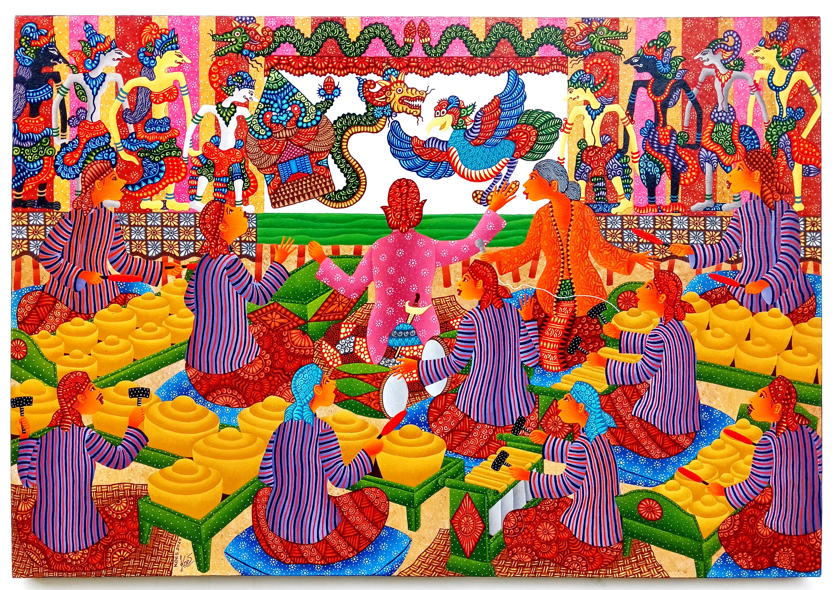 A vibrant, stylized scene of figures in colorful striped robes sharing a feast under a decorative canopy.