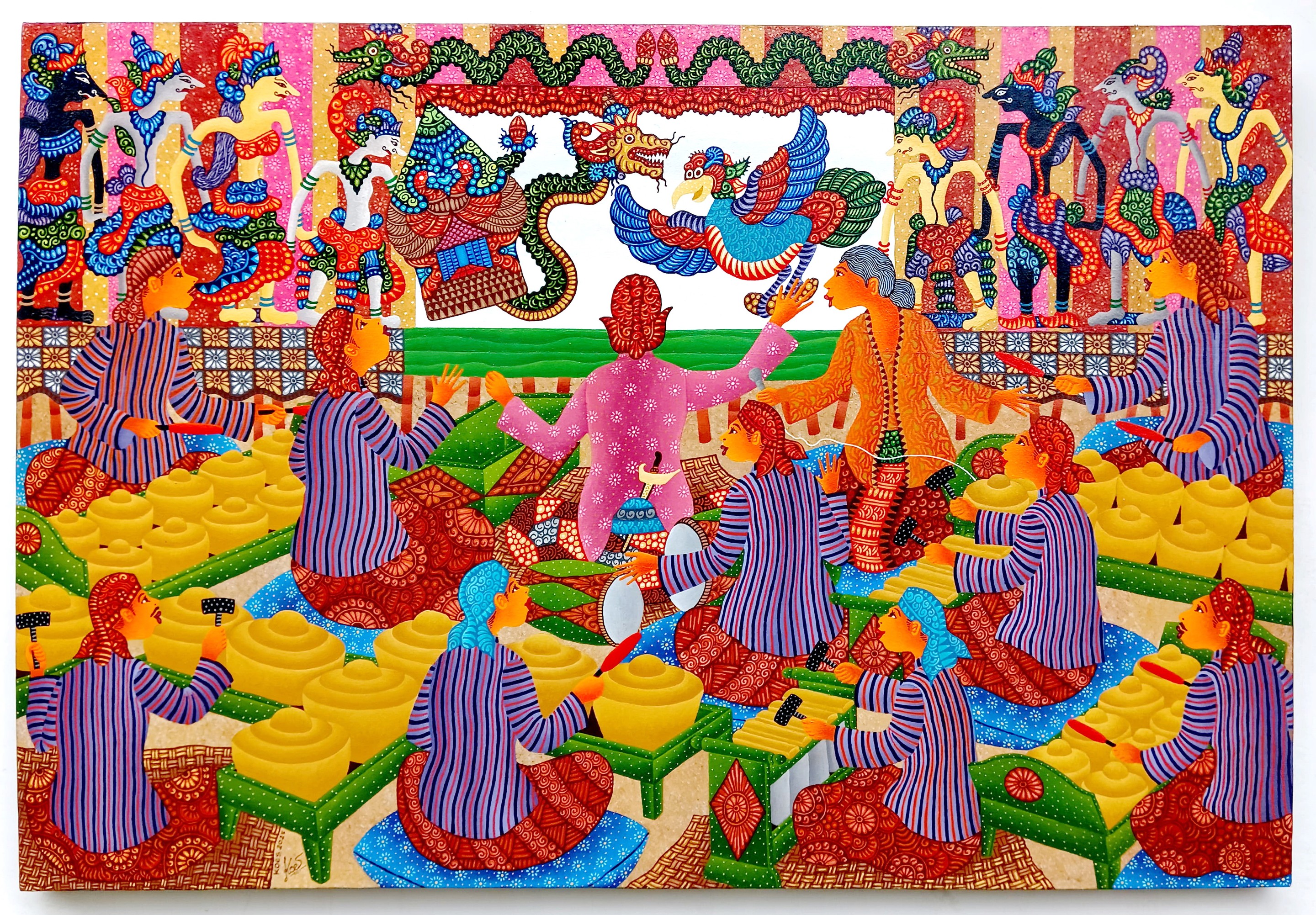 A vibrant, stylized scene of figures in colorful striped robes sharing a feast under a decorative canopy.