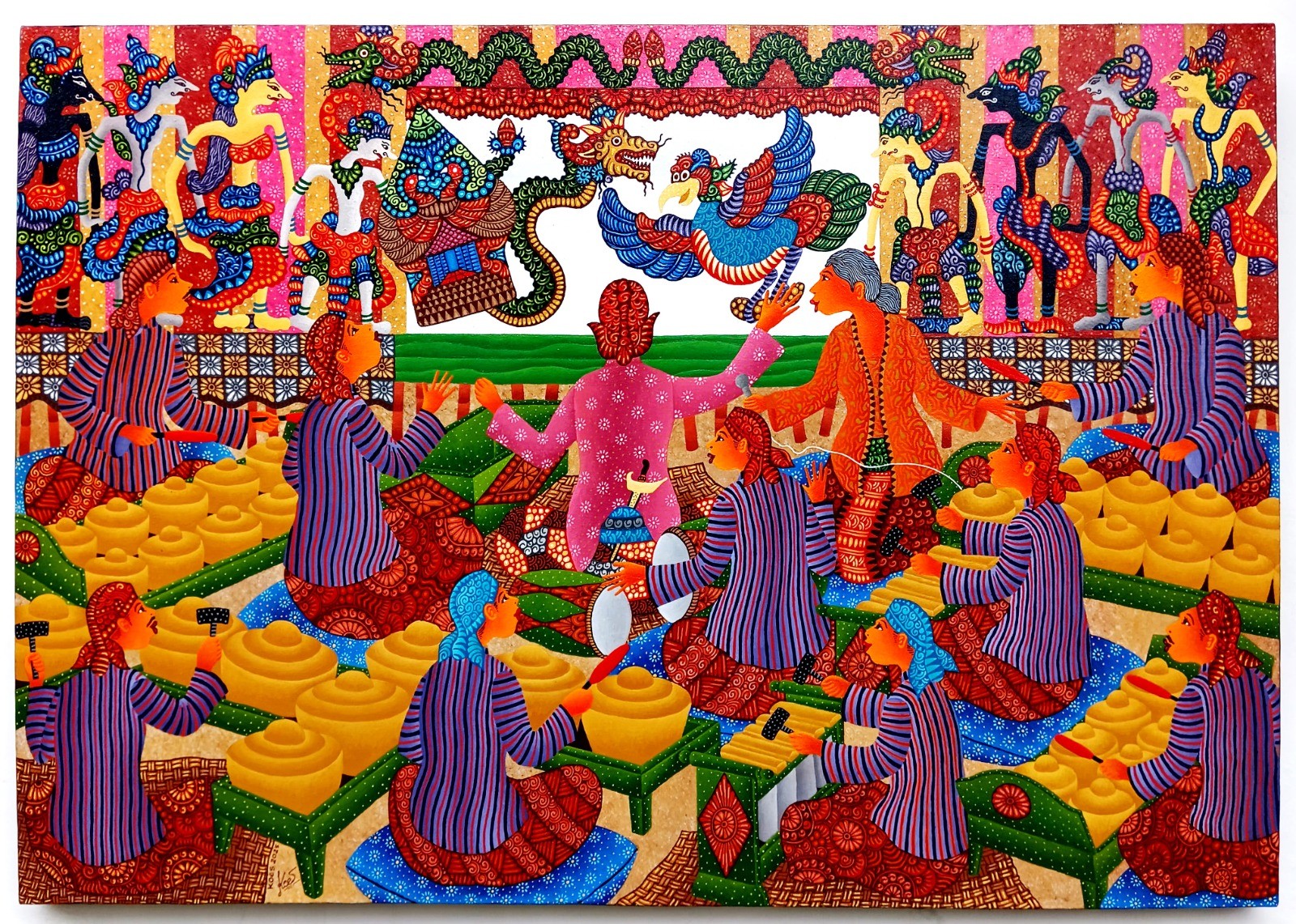 A vibrant, stylized scene of figures in colorful striped robes sharing a feast under a decorative canopy.