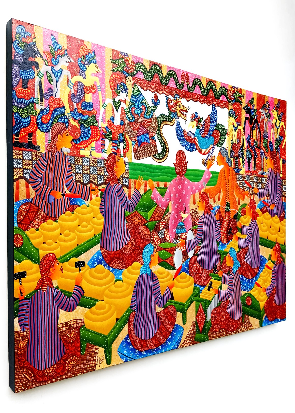 A vibrant, stylized scene of figures in colorful striped robes sharing a feast under a decorative canopy.