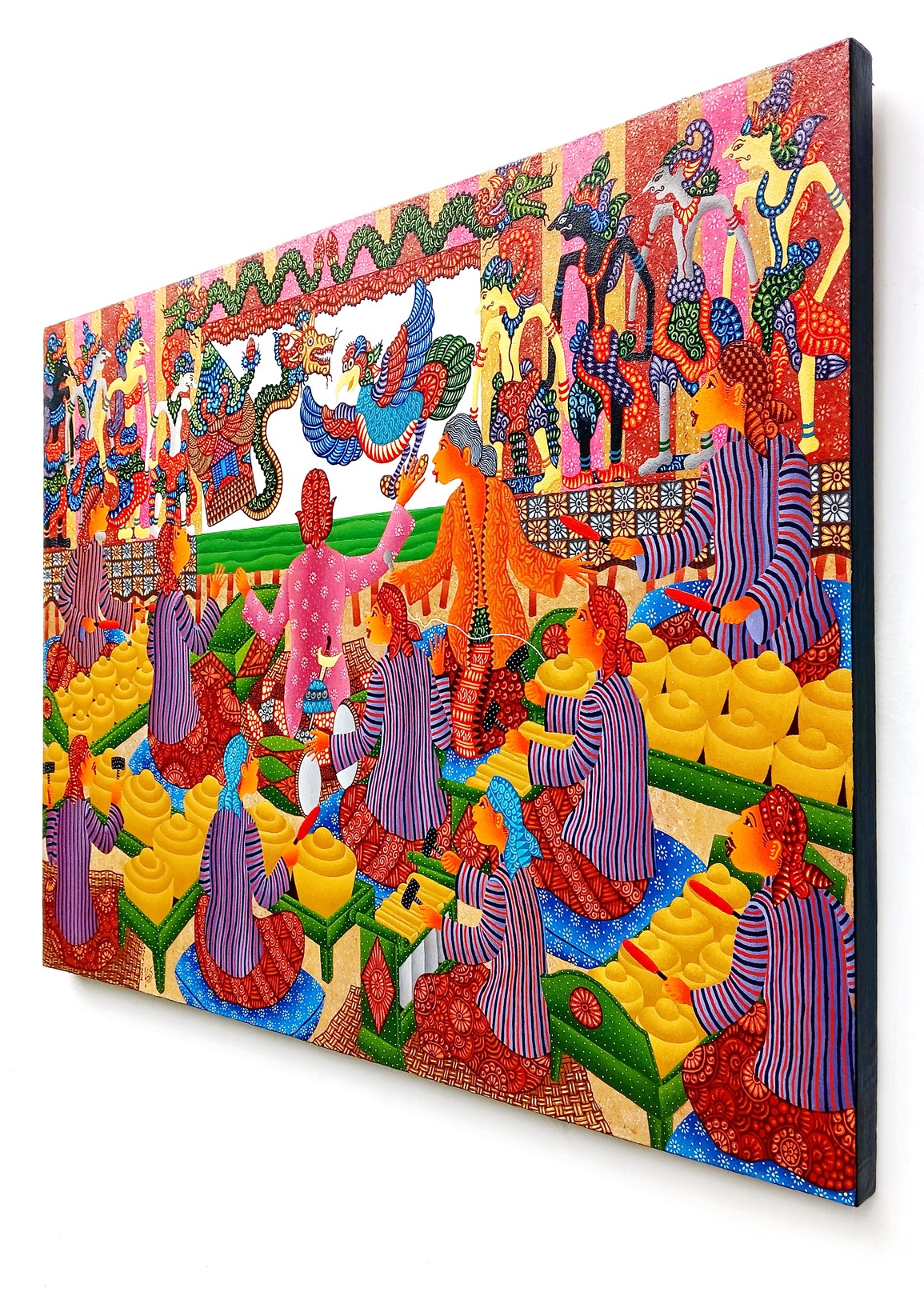A vibrant, stylized scene of figures in colorful striped robes sharing a feast under a decorative canopy.