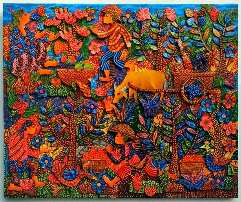 A vibrant, textured tapestry depicting a lush, stylized forest scene filled with figures and animals.