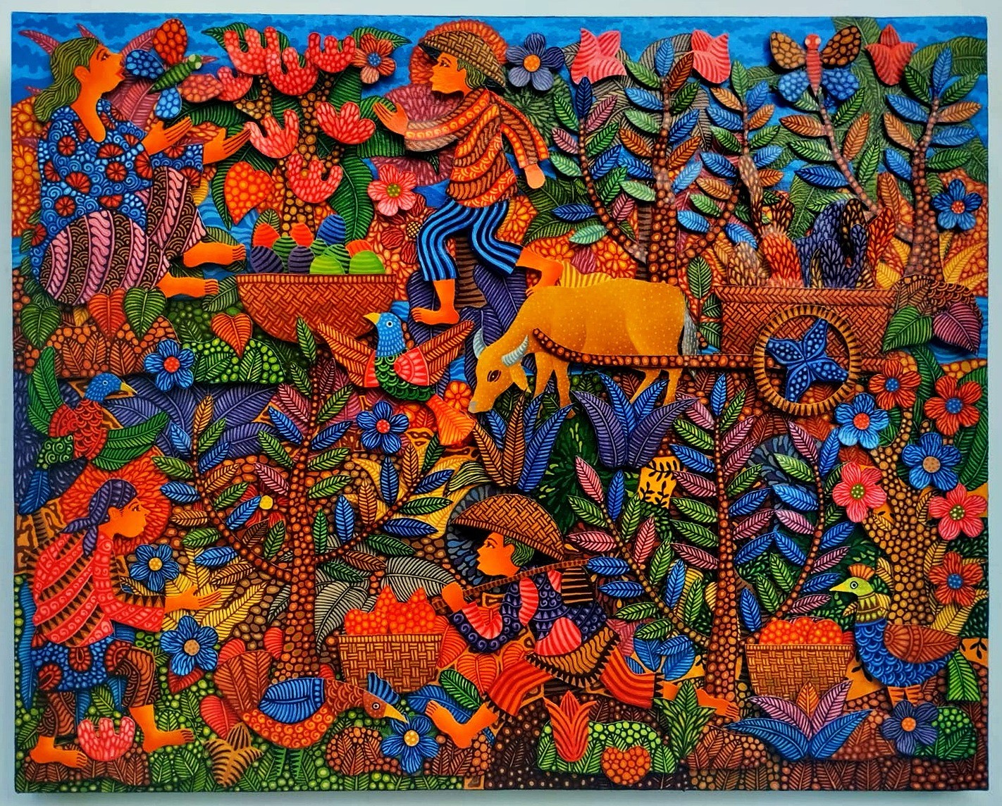 A vibrant, textured tapestry depicting a lush, stylized forest scene filled with figures and animals.