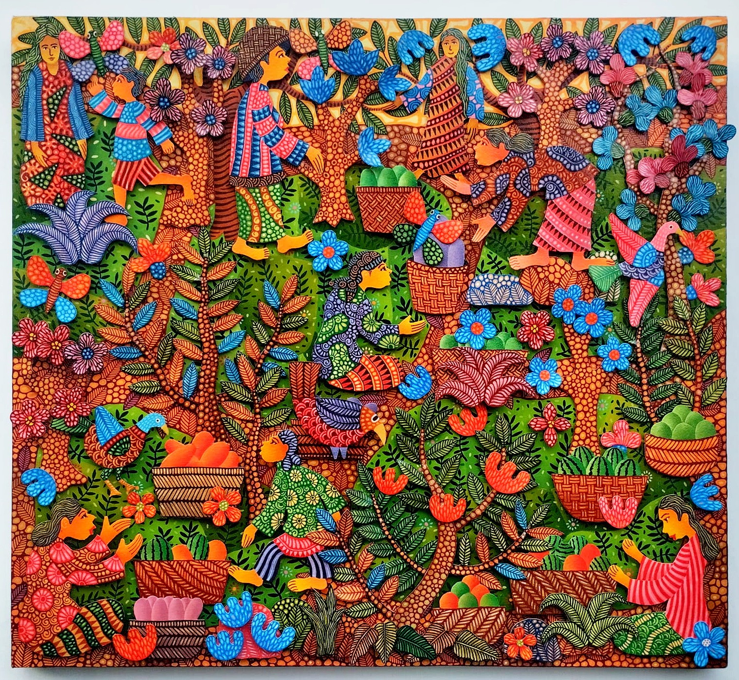 A colorful painting on a wall in a room.