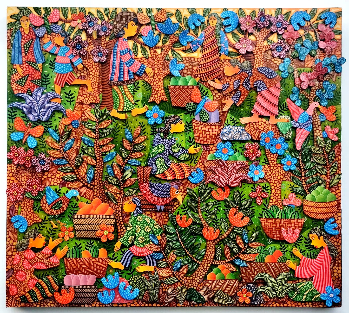 A colorful painting on a wall in a room.