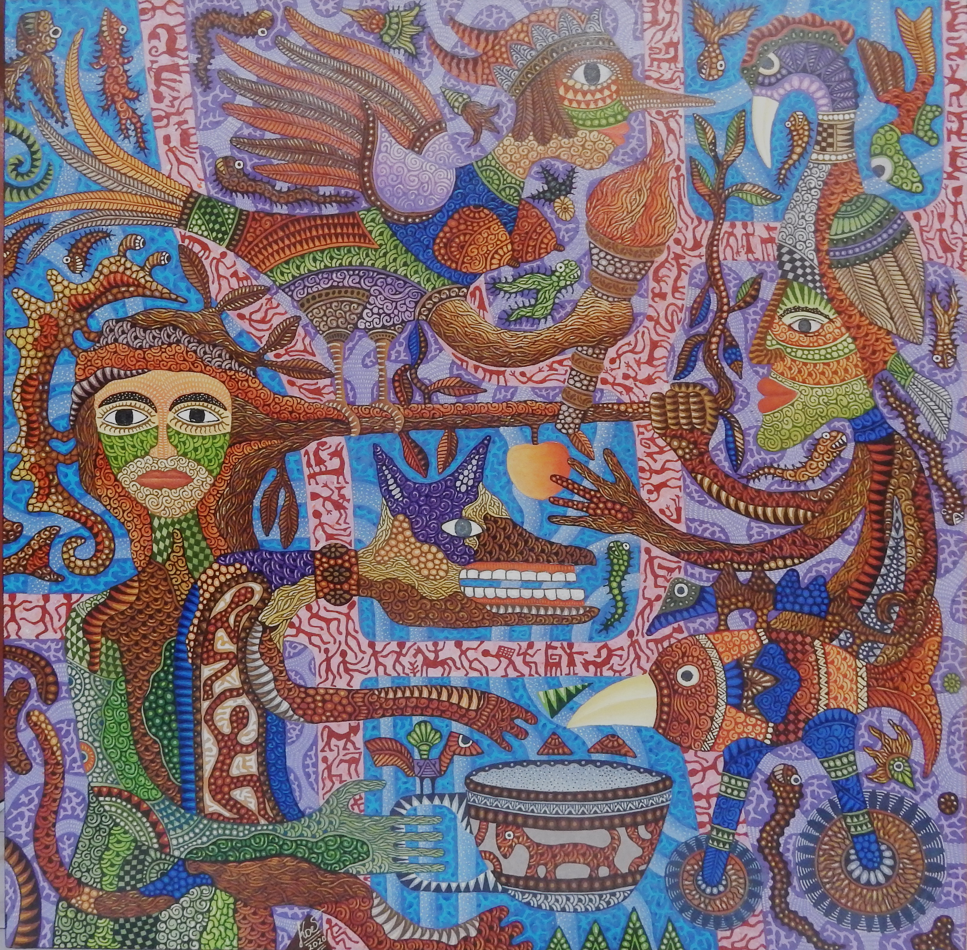 A painting of a woman surrounded by birds and other animals.