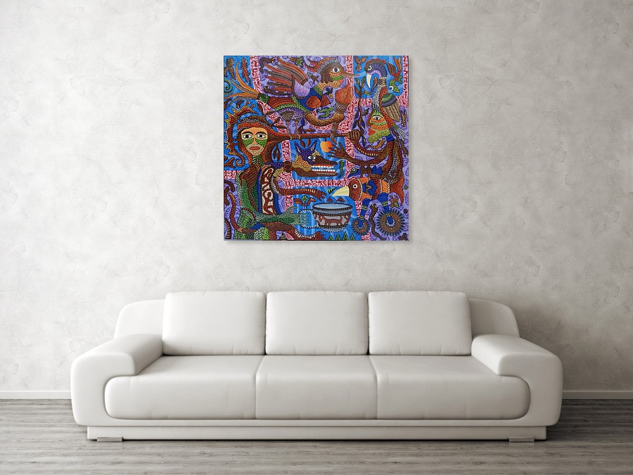 A painting of a woman surrounded by birds and other animals.
