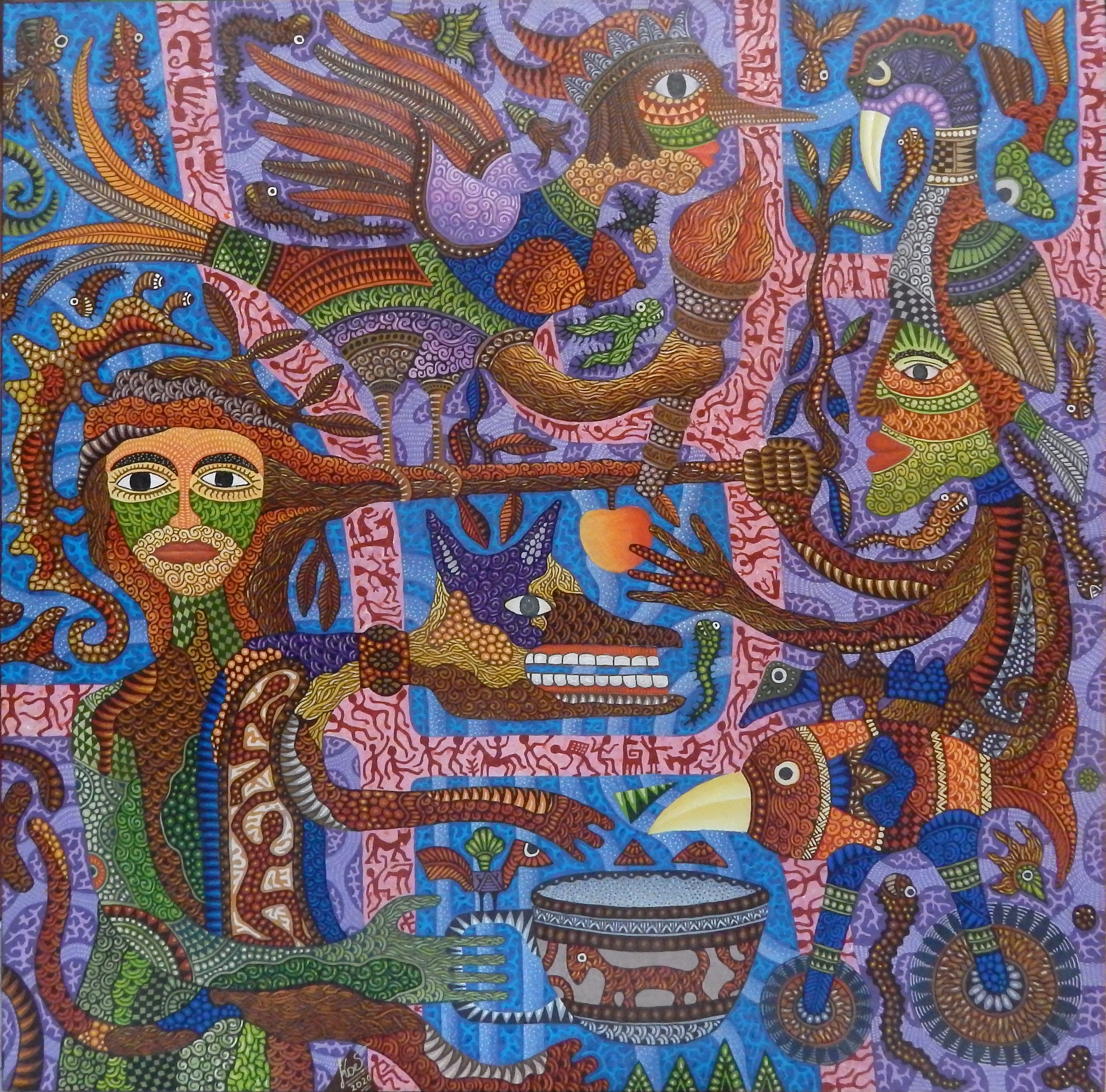 A painting of a woman surrounded by birds and other animals.