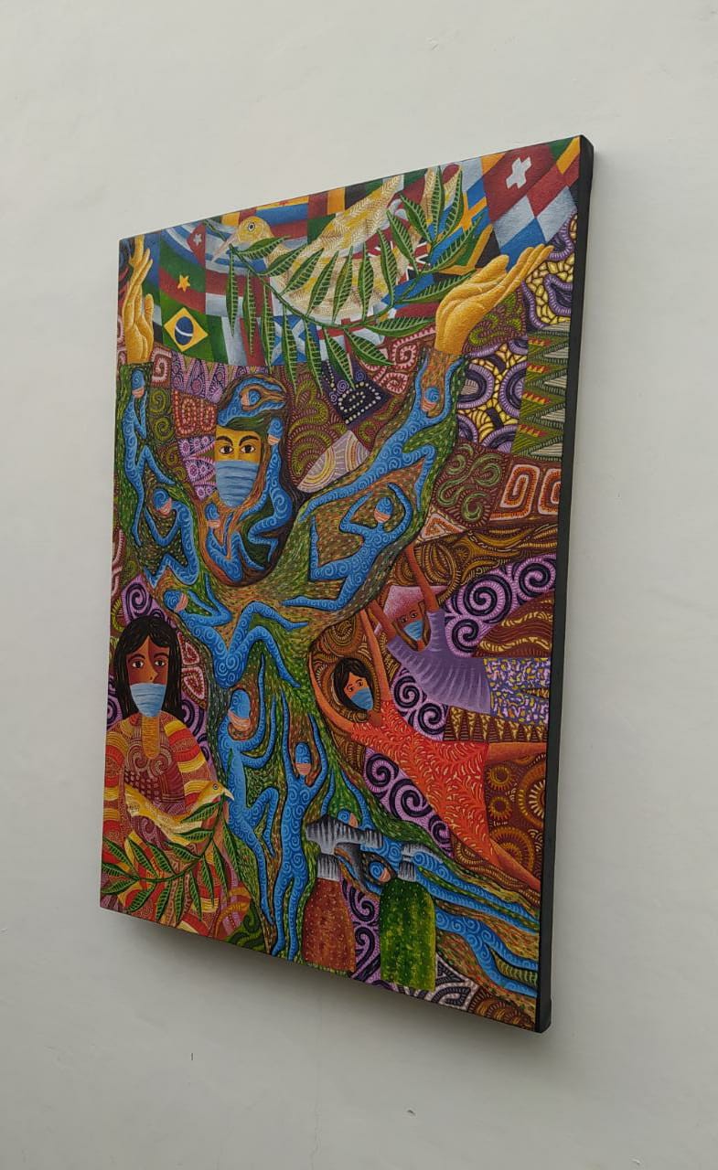 A vibrant, patterned painting of a central tree-like figure with multiple faces and figures, surrounded by flags and nature elements.