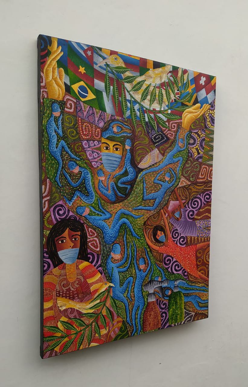 A vibrant, patterned painting of a central tree-like figure with multiple faces and figures, surrounded by flags and nature elements.