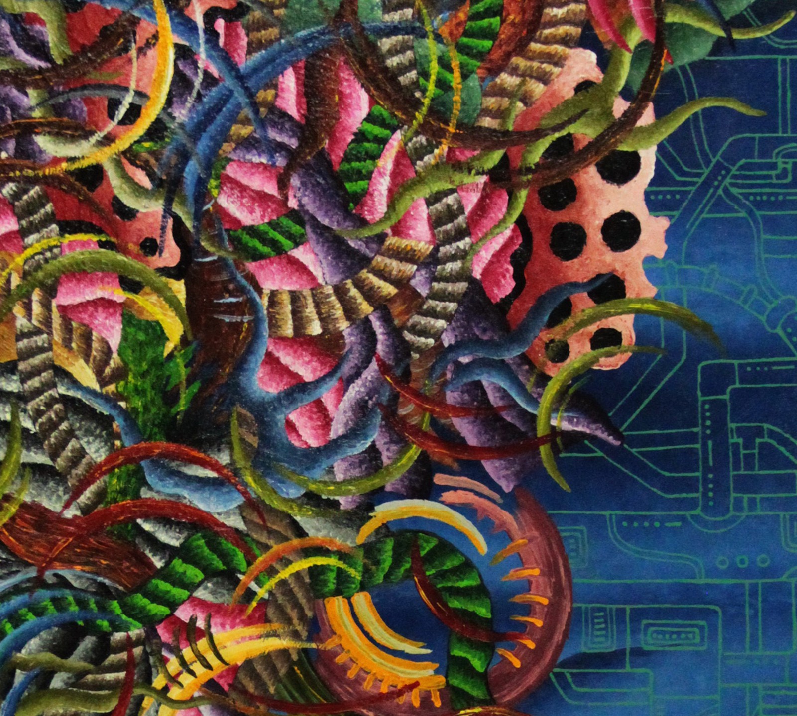 A chaotic, vibrant tapestry of organic and mechanical forms.