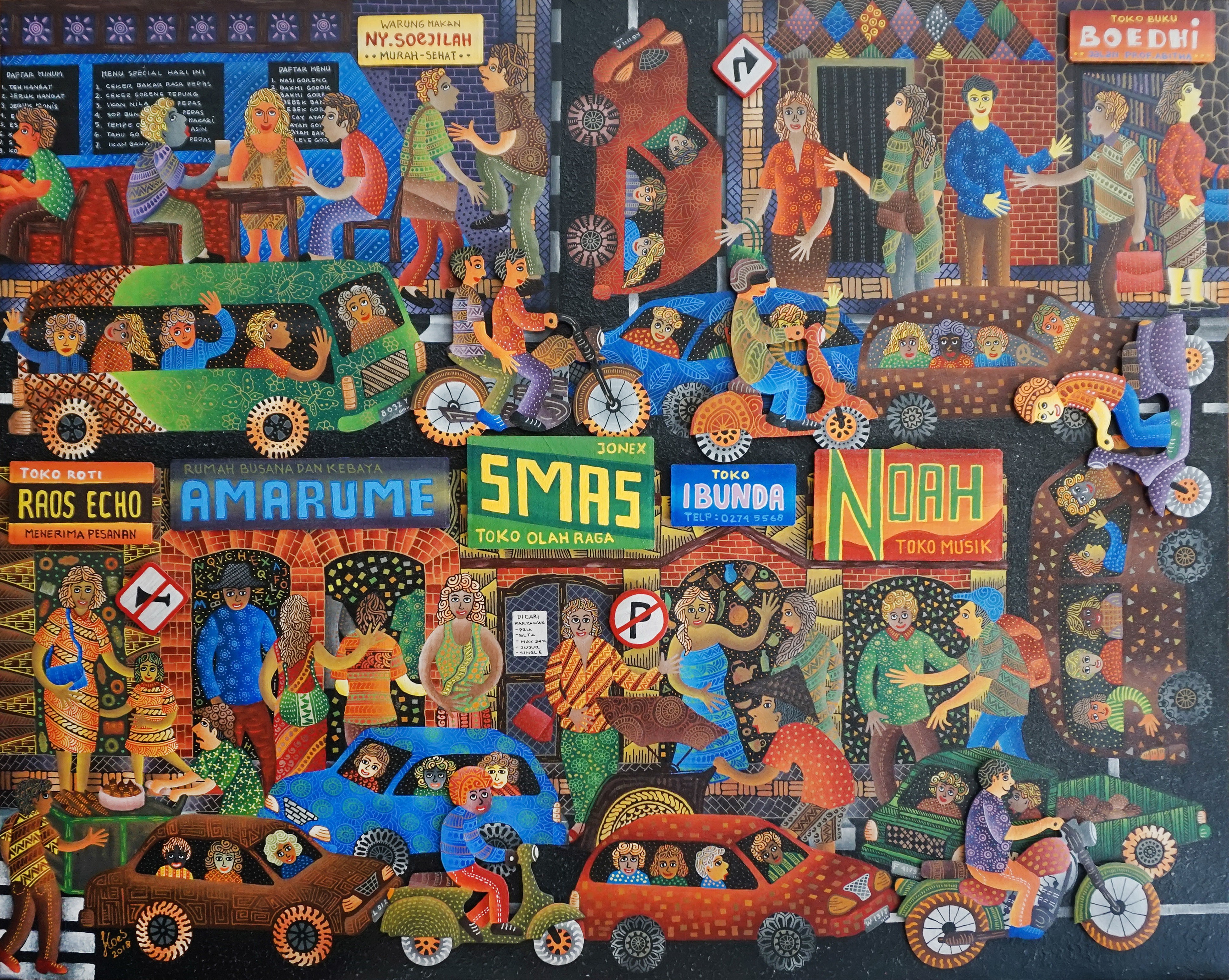 A painting on a wall in a room with a brick wall.
