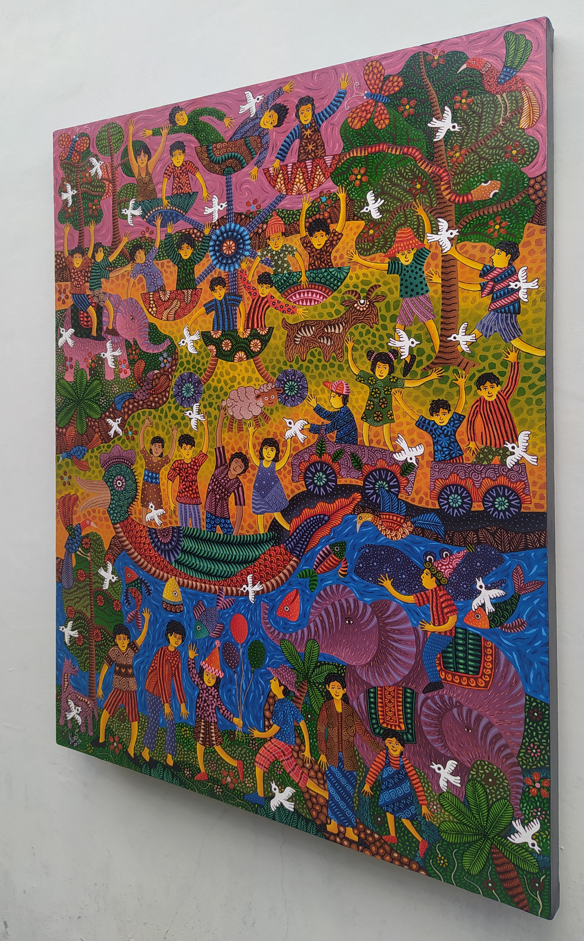 A painting on a wall in a room. 