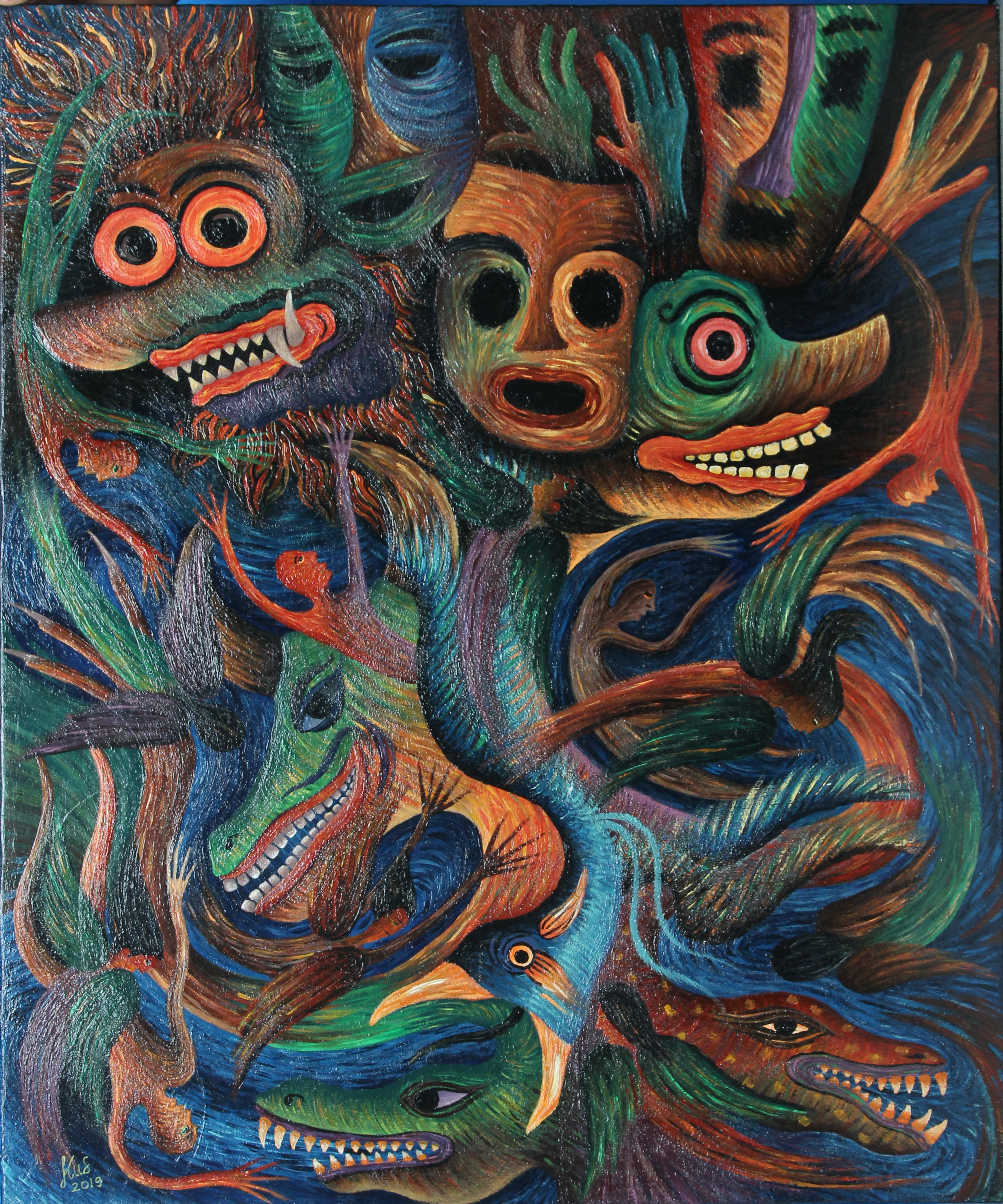 A chaotic, swirling composition of multi-colored masks and creatures in a dreamlike, psychedelic style.