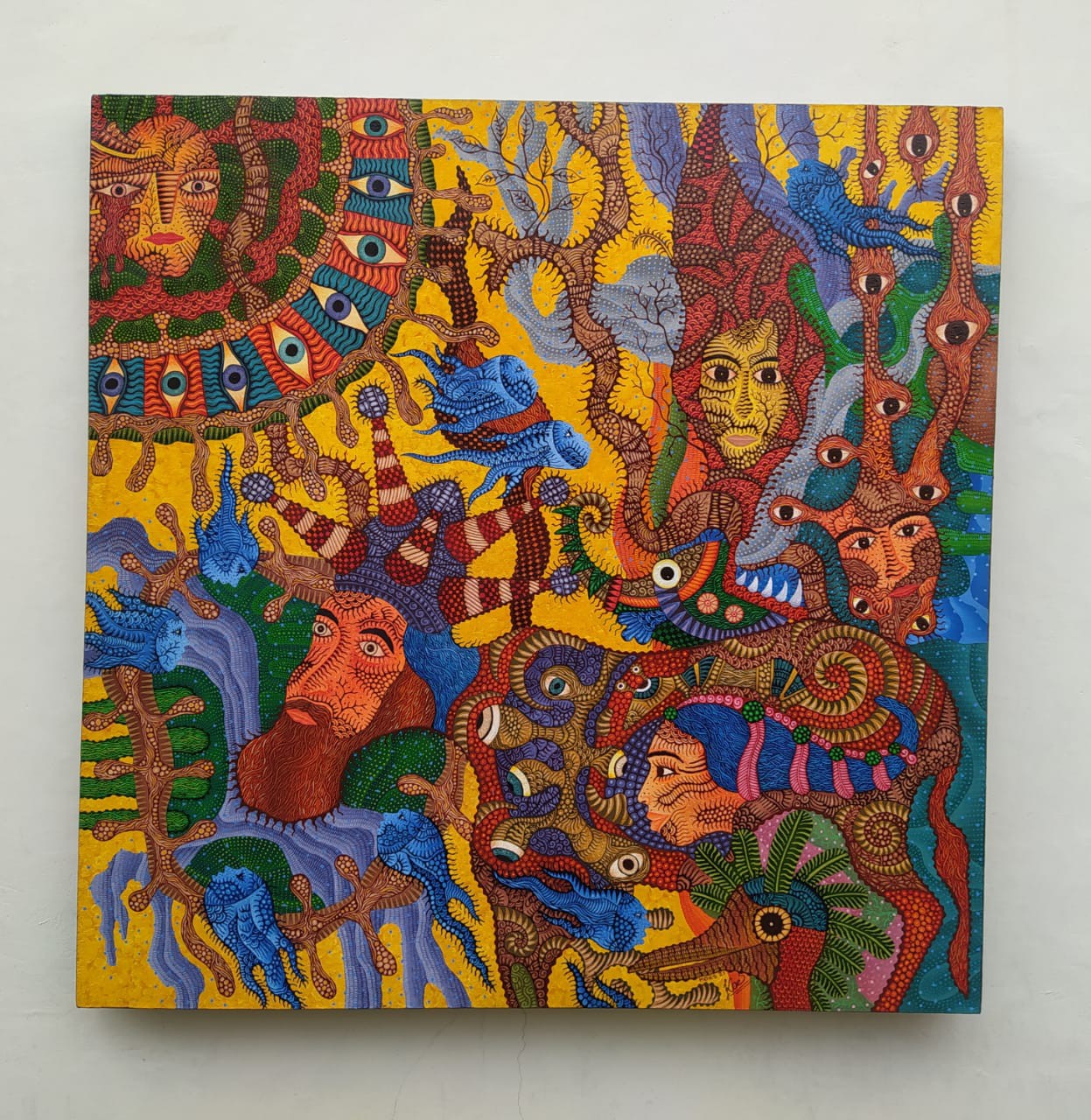 A vibrant, chaotic tapestry of faces and eyes swirling in a dense, colorful composition.