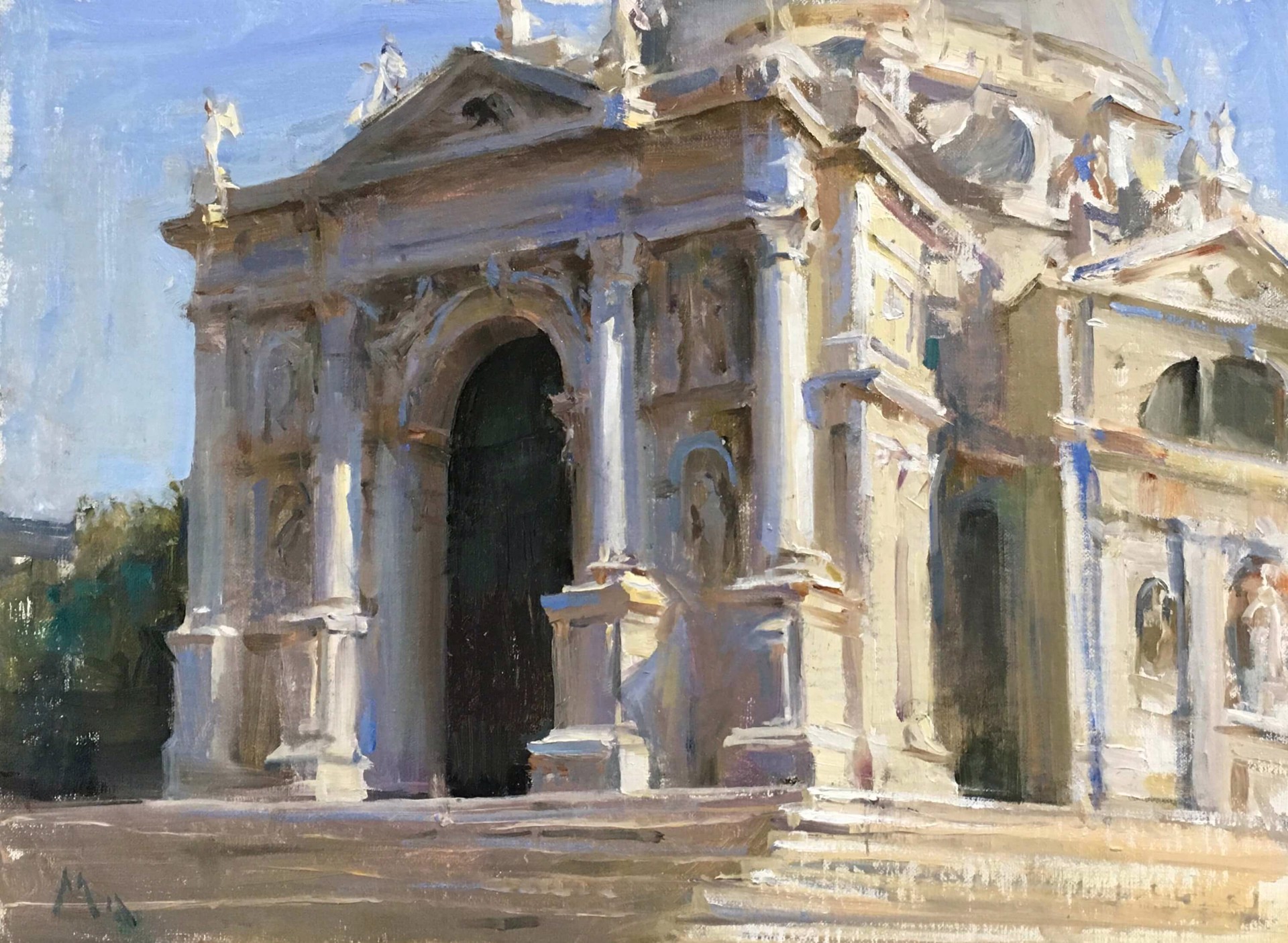 A painting of an old building with a dome on top of it.