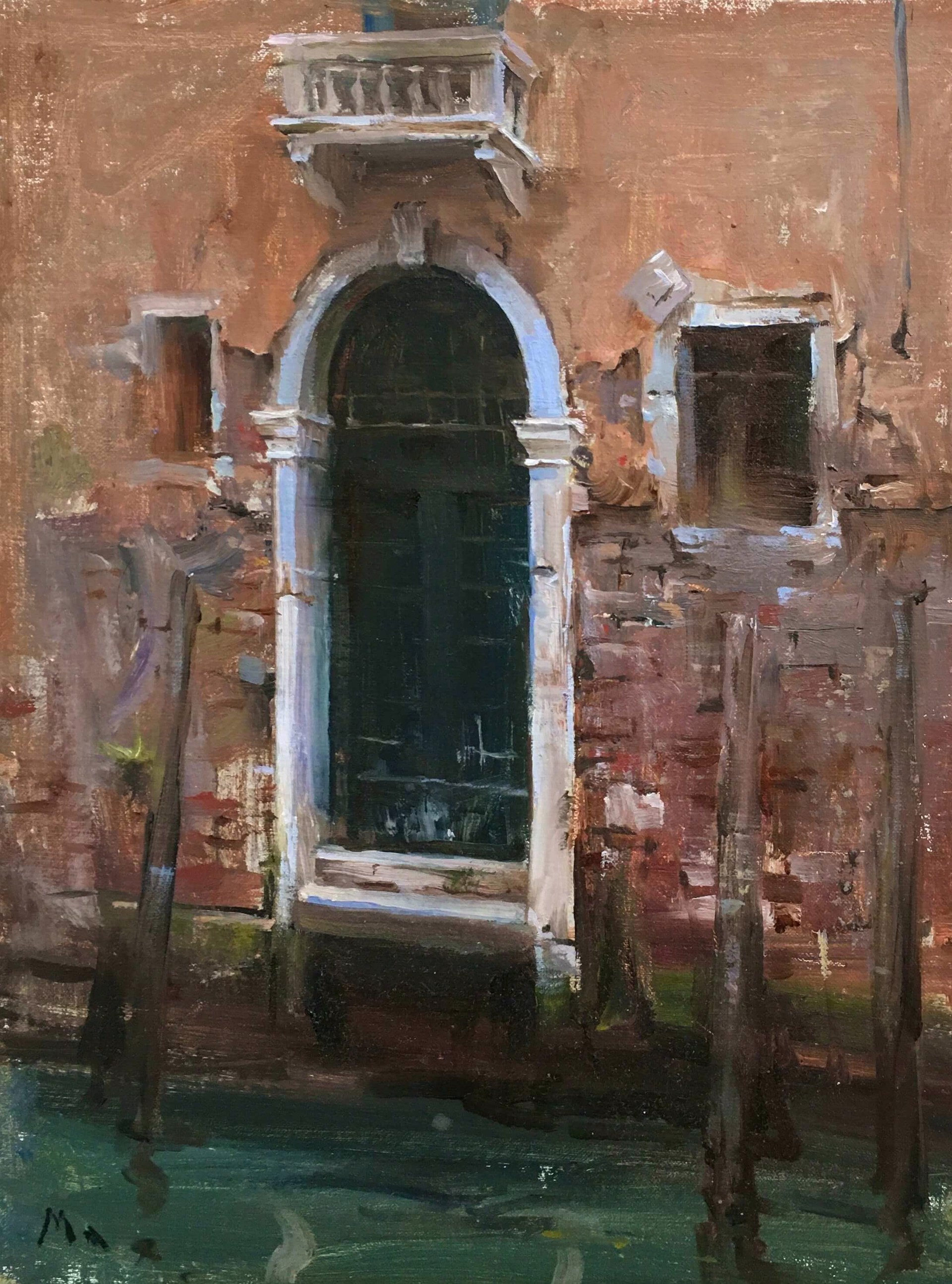 A painting of an old building with a green door.