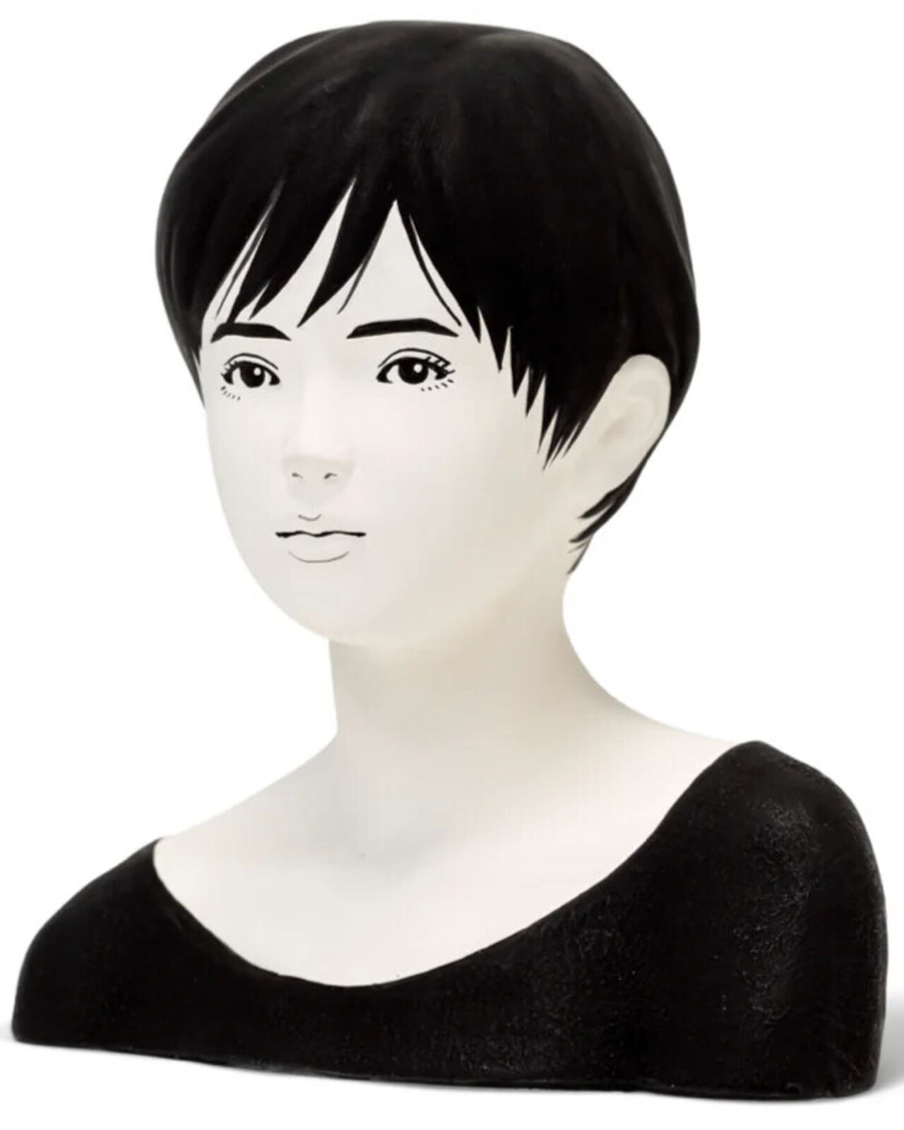 A mannequin head with a black wig on a white background.