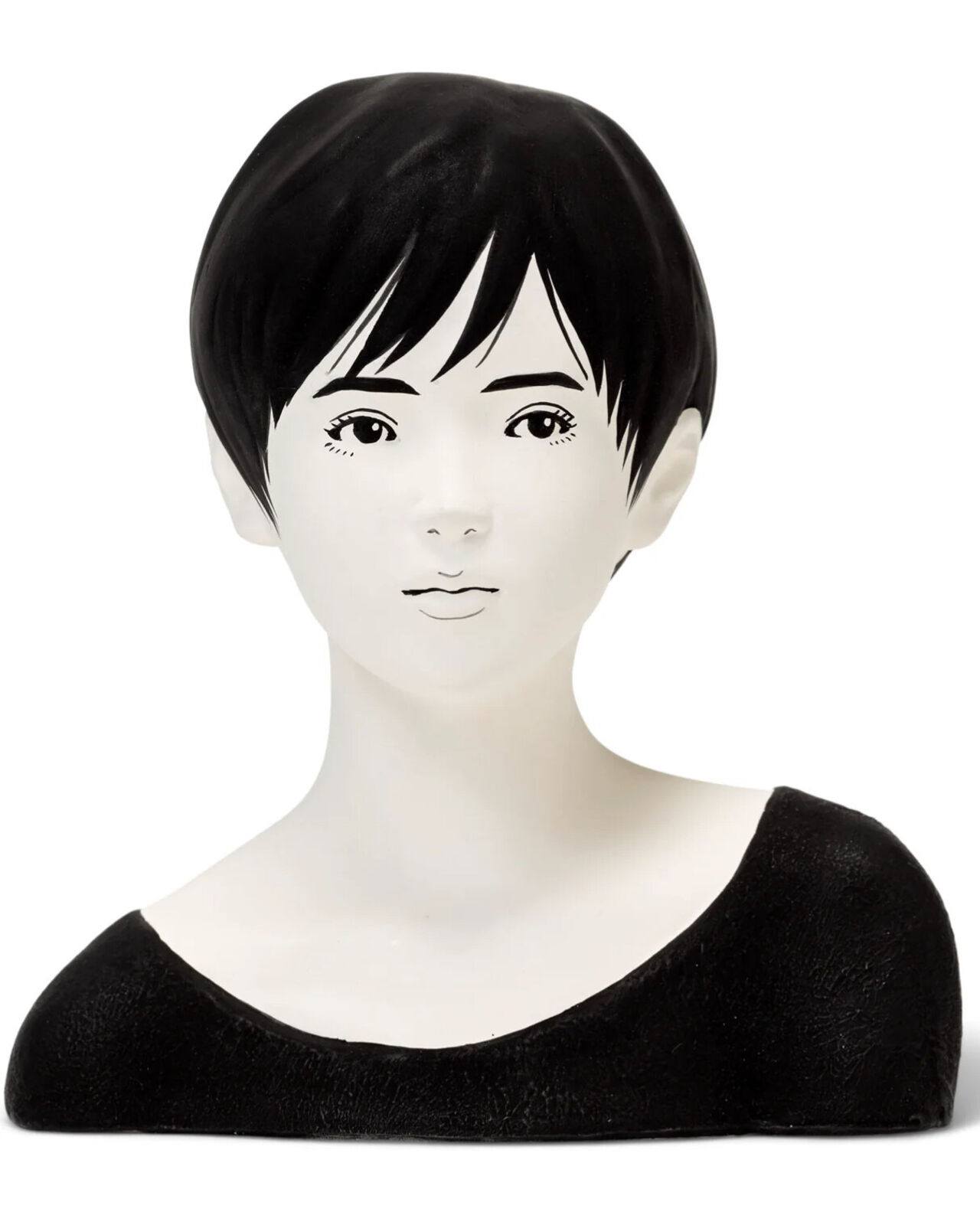 A mannequin head with a black wig on a white background.