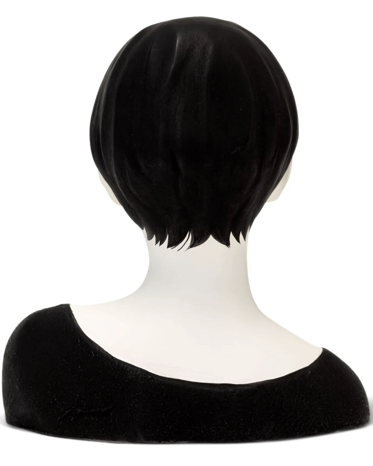 A mannequin head with a black wig on a white background.