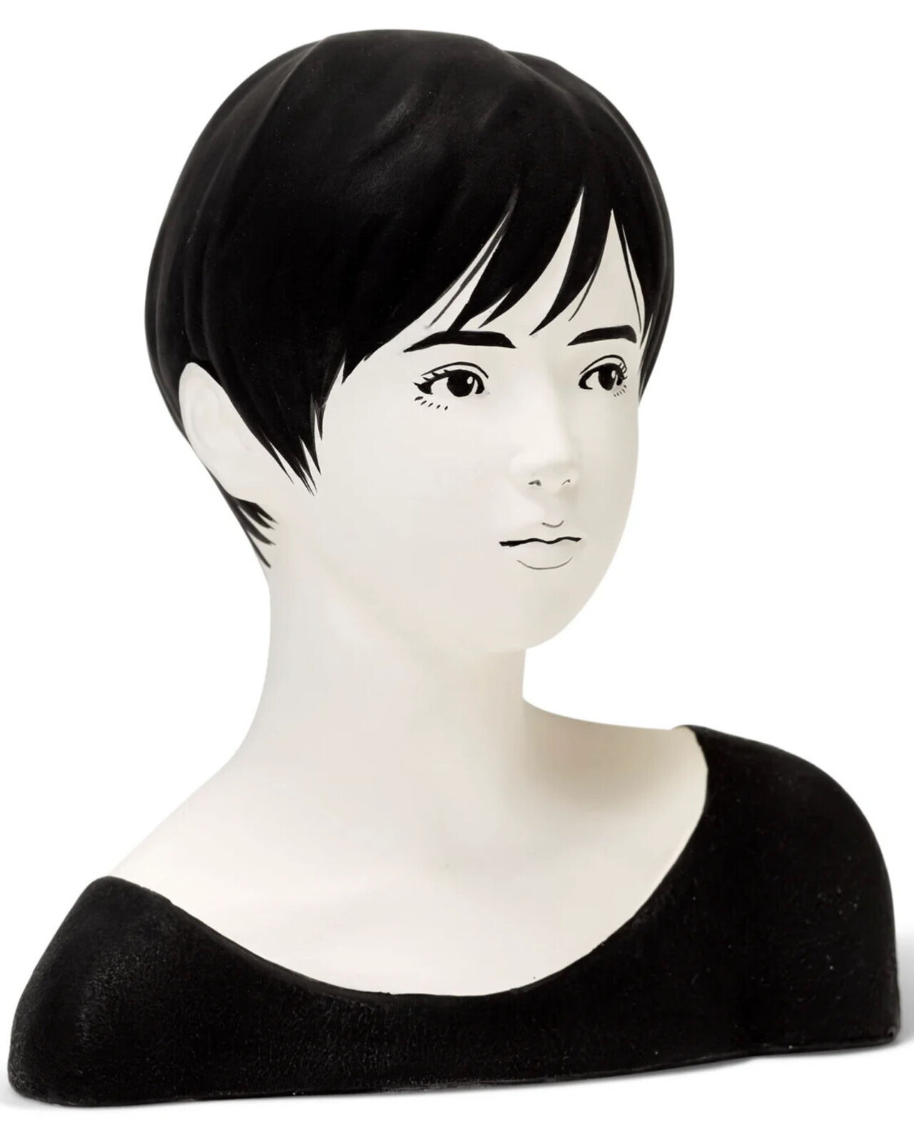A mannequin head with a black wig on a white background.