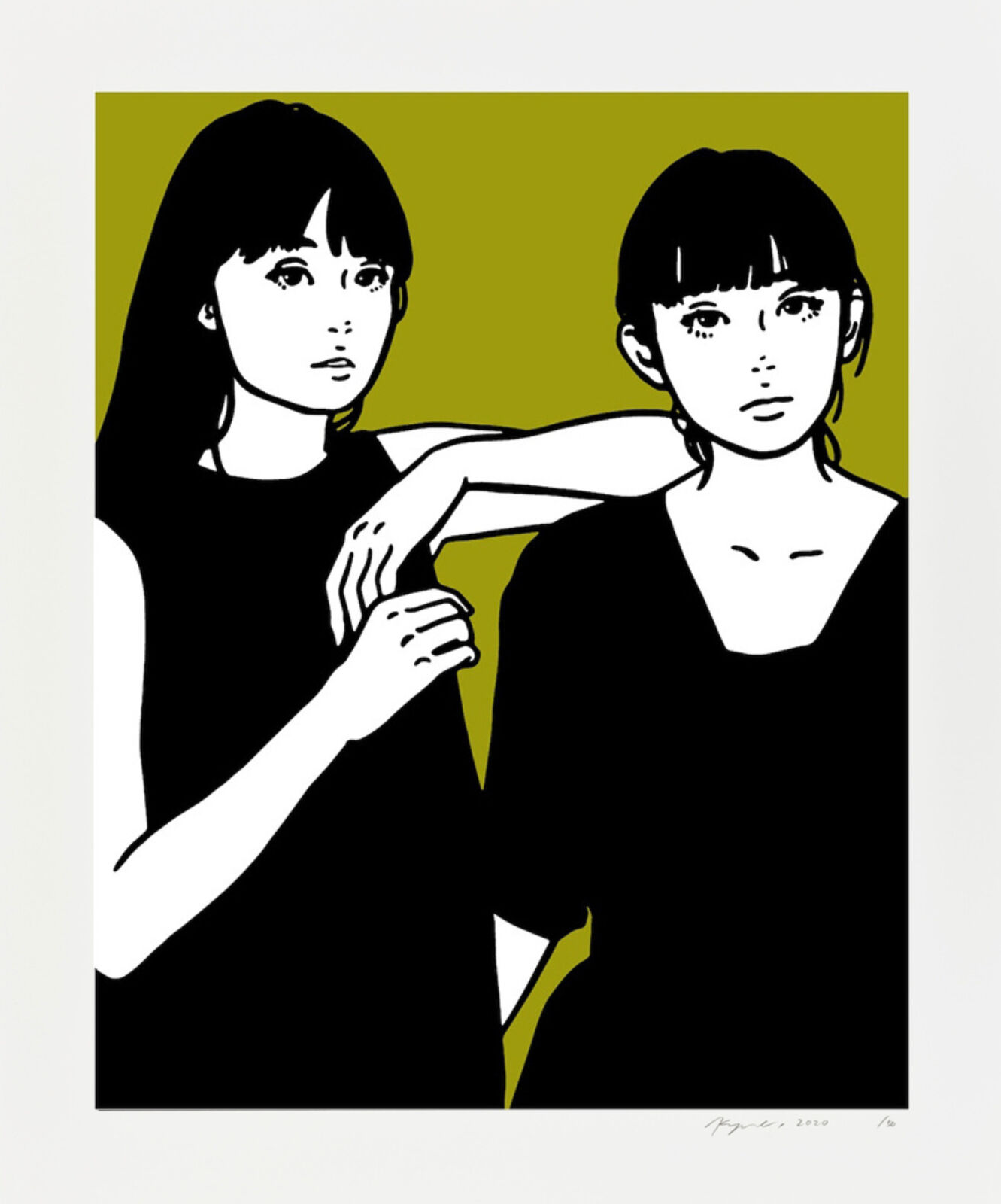 A black and white illustration of two women standing next to each other.