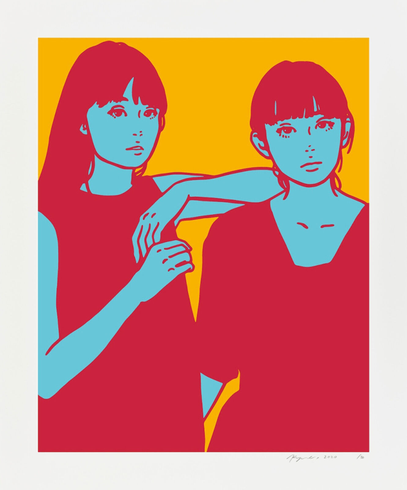 A couple of women standing next to each other in front of a yellow background.