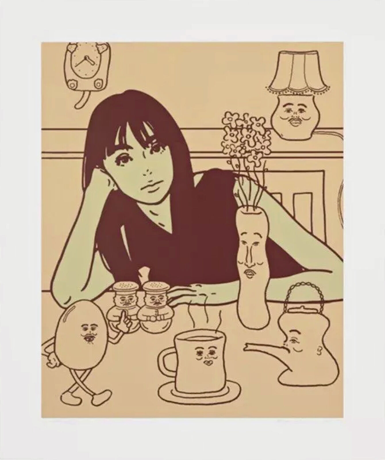 A drawing of a woman sitting at a table with a cup of coffee.