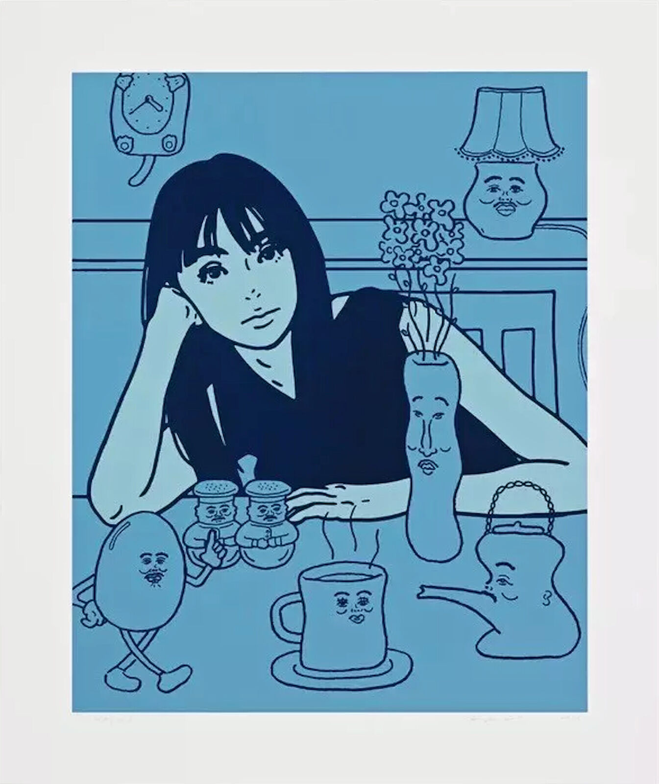 A blue and white illustration of a woman sitting at a table.
