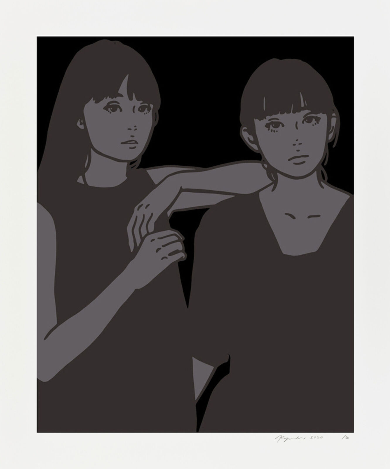 A black and white illustration of two women standing next to each other.