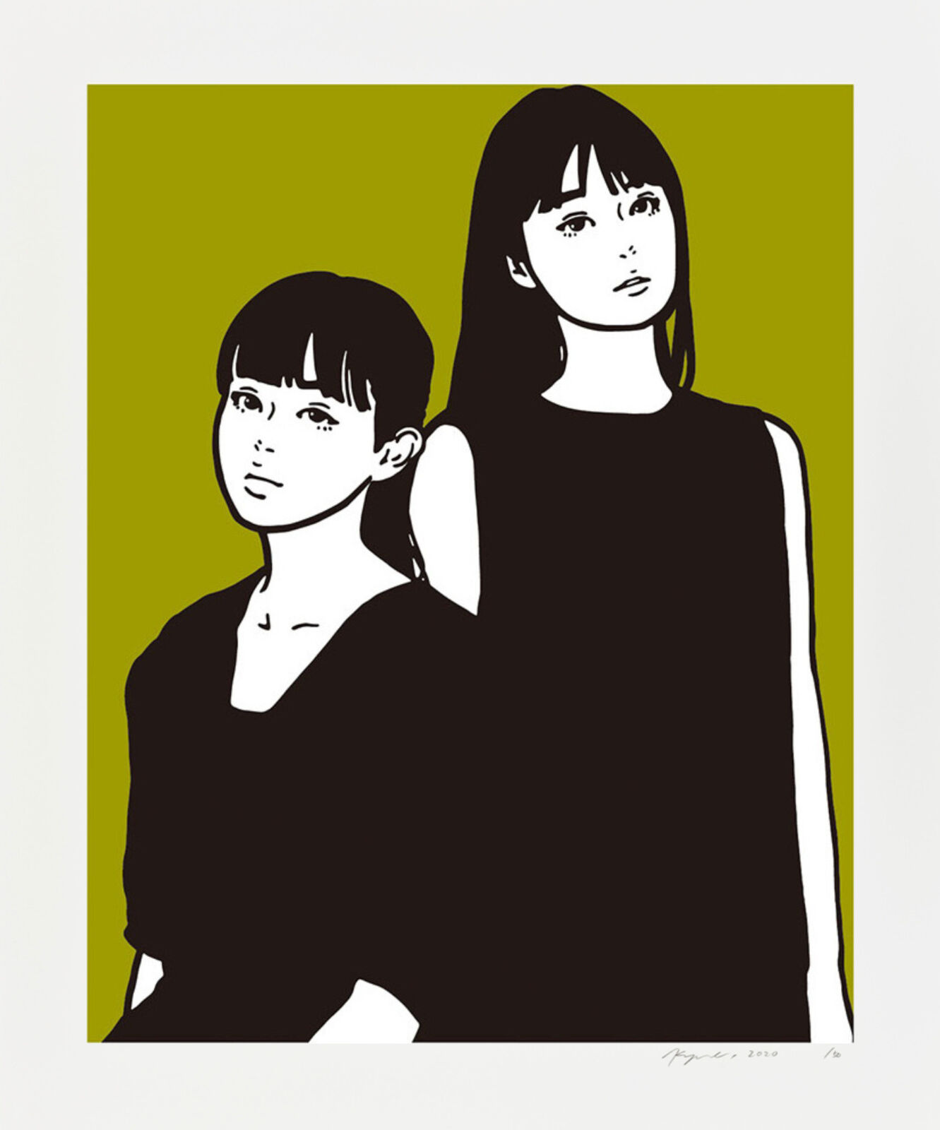 A black and white illustration of two women standing next to each other.